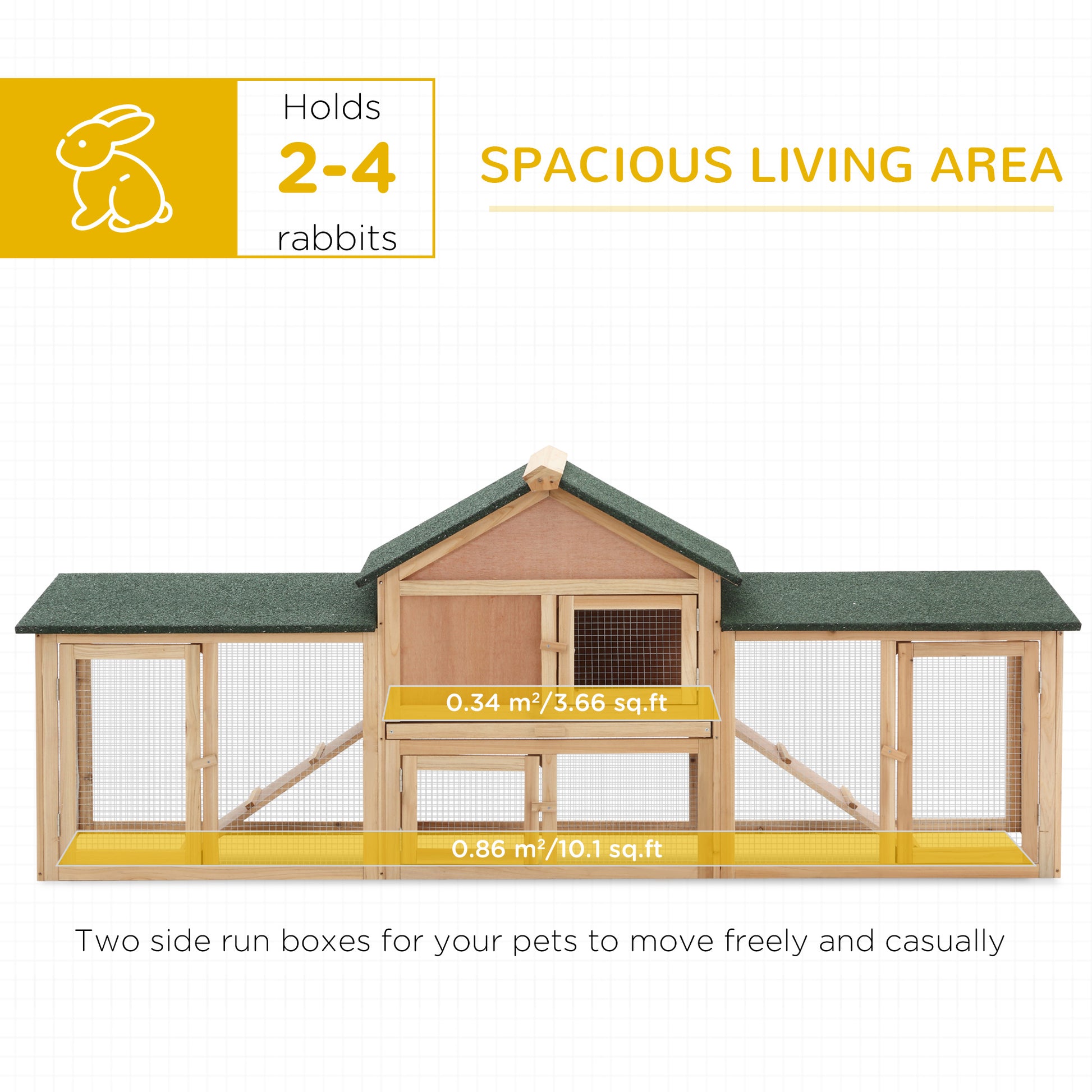 Pawhut 83"L Outdoor Rabbit Hutch, Guinea Pig Cage Indoor Outdoor Wooden Bunny Hutch With Double Runs, Weatherproof Roof, Removable Tray, Ramps, Natural Yellow Wood