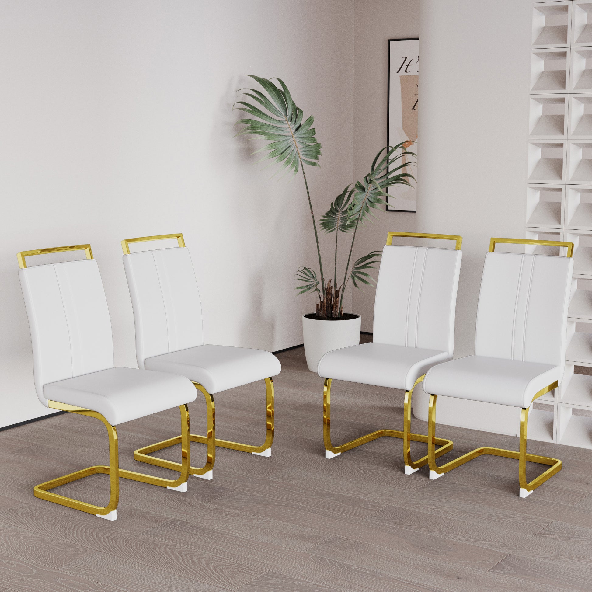 Modern Dining Chairs,Pu Faux Leather High Back Upholstered Side Chair With C Shaped Tube. Plating Golden Metal Legs For Dining Room Kitchen Vanity Patio Club Guest Office Chair Set Of 2 White Pu White Kitchen Dining Chairs Foam Pu