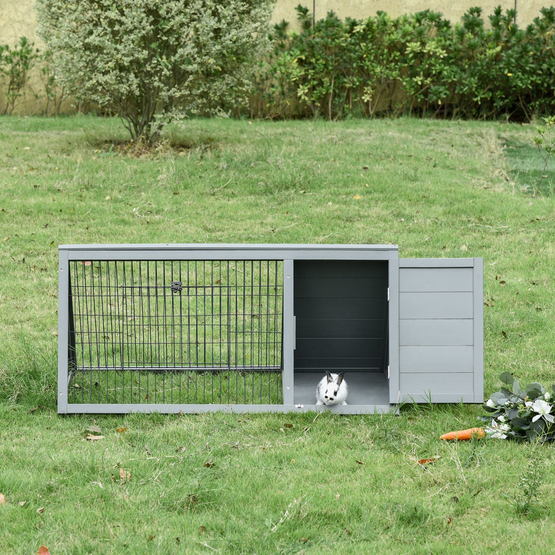 Pawhut 46" X 24" Wooden A Frame Outdoor Rabbit Cage Small Animal Hutch With Outside Run & Ventilating Wire, Grey Gray Wood