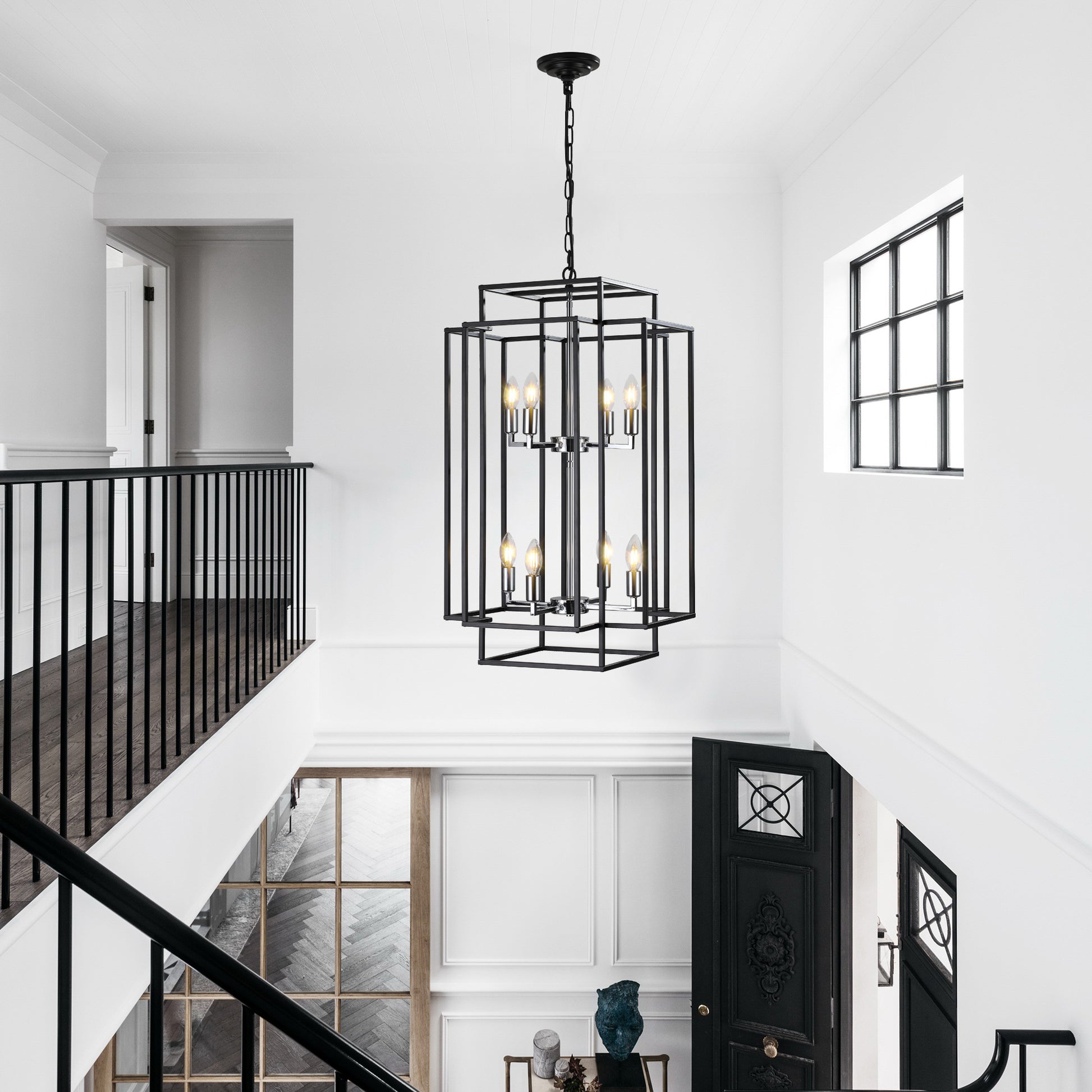 Same As W1340142525 L1018 C 8 Lights Lantern Tiered Pendant Light Fixtures, Industrial Farmhouse Hanging Chandelier For Entryway, Foyer, Living Room, Kitchen Island, Staircase Black & Silver Chrome Farmhouse Iron