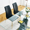 Modern Simple Table And Chair Set, One Table And Four Chairs. Transparent Tempered Glass Table Top, Solid Base. Gold Plated Metal Chair Legs Set Of 5 Black Mdf Metal