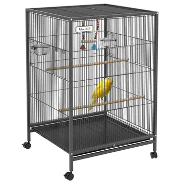 Pawhut Metal Bird Cage With Stand For Parrots, Lovebirds, Finches, Large Bird Cage With Swing, Stainless Steel Bowls, Removable Tray For Small Birds, Gray Gray Steel