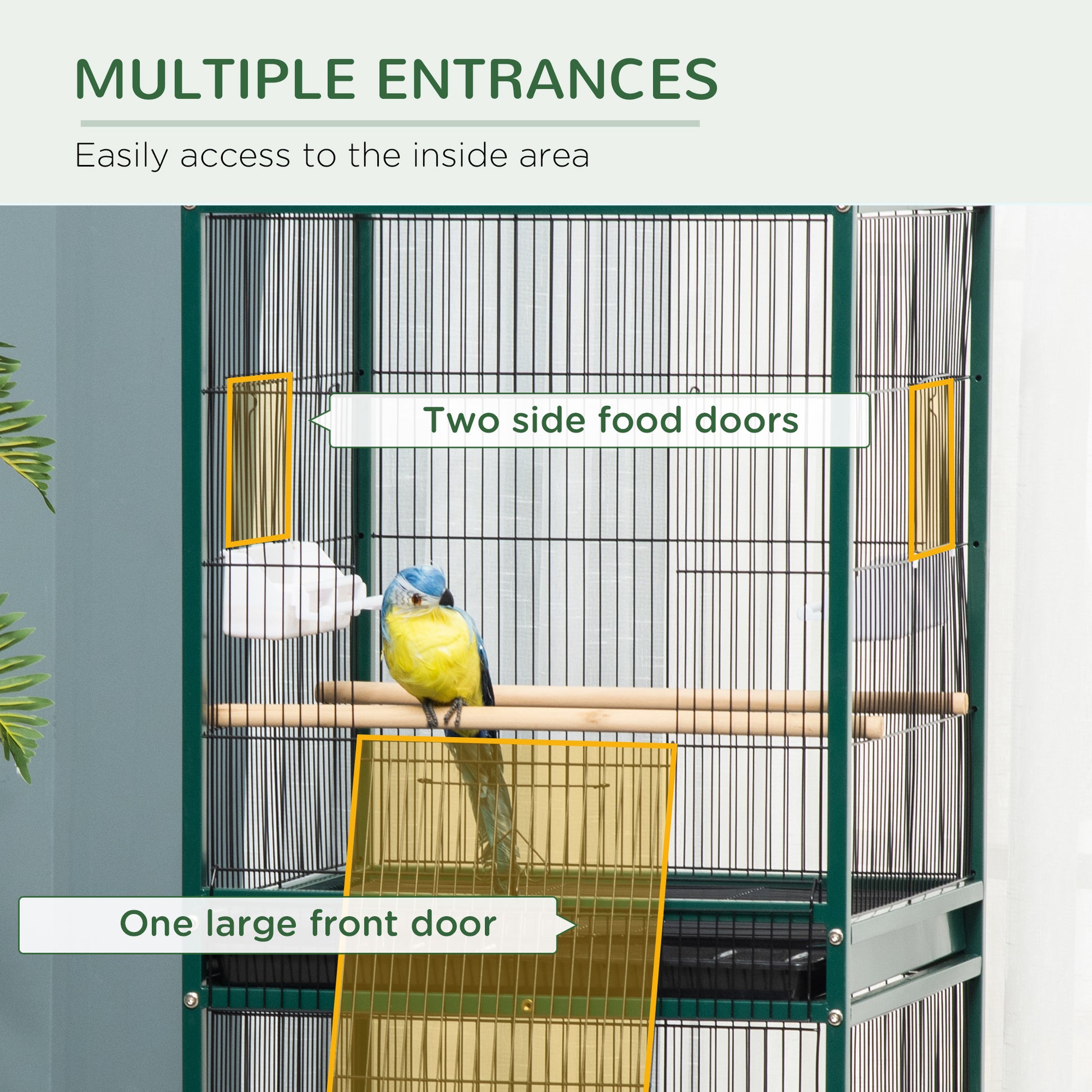 Pawhut 55 Inch Large Flight Bird Cage, Bird Aviary Indoor With Multi Door Design, Parrot Cage With Stand & Tray For Budgies, Canaries, Finches, Green Green Wood