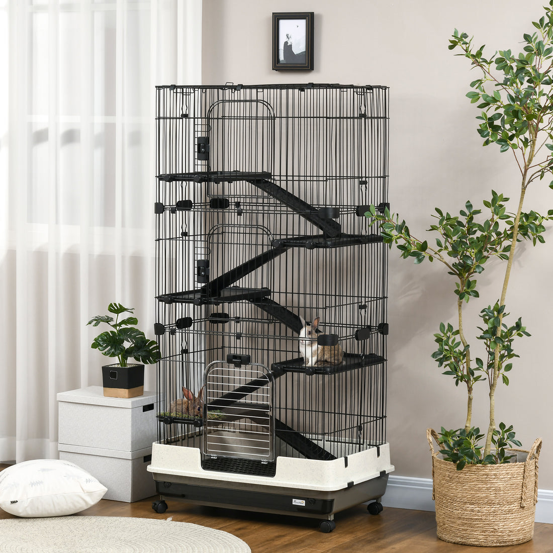 Pawhut 60" Small Animal Cage With Wheels, 6 Level Portable Bunny Cage, Chinchilla Ferret Cage With Removable Tray, Platforms And Ramps, Black Black Steel