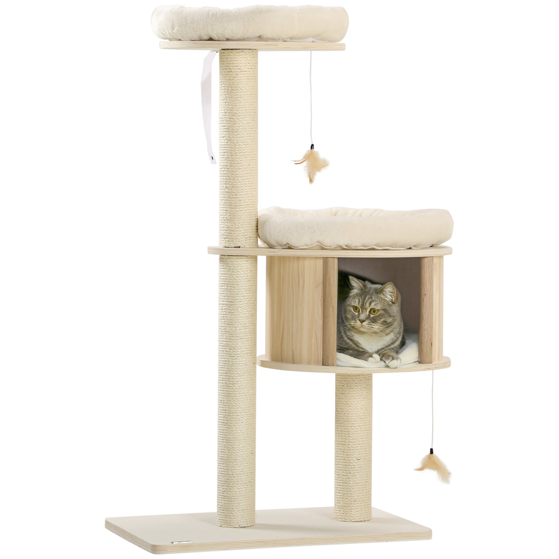 Pawhut 3 Level Cat Tree With Sisal Scratching Posts, Fun Cat Badminton Toy For Playing, Soft Cushions, & Play Areas Natural Particle Board