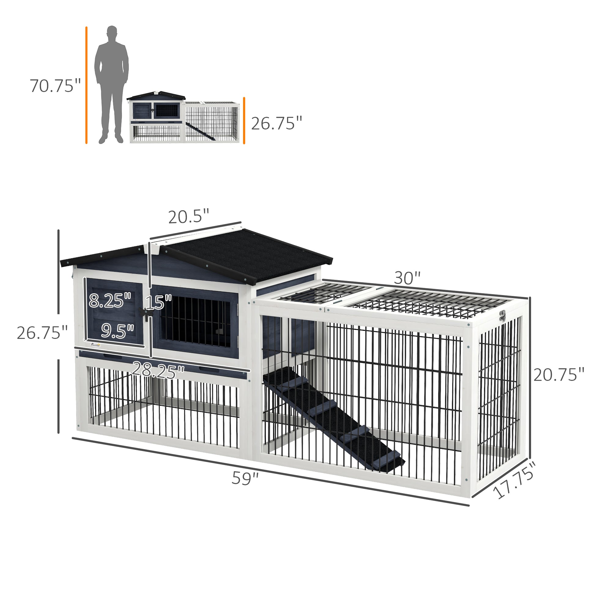 Pawhut 2 Levels Outdoor Rabbit Hutch With Openable Top, 59" Wooden Large Rabbit Cage With Run Weatherproof Roof, Removable Tray, Ramp, Dark Gray Gray Wood