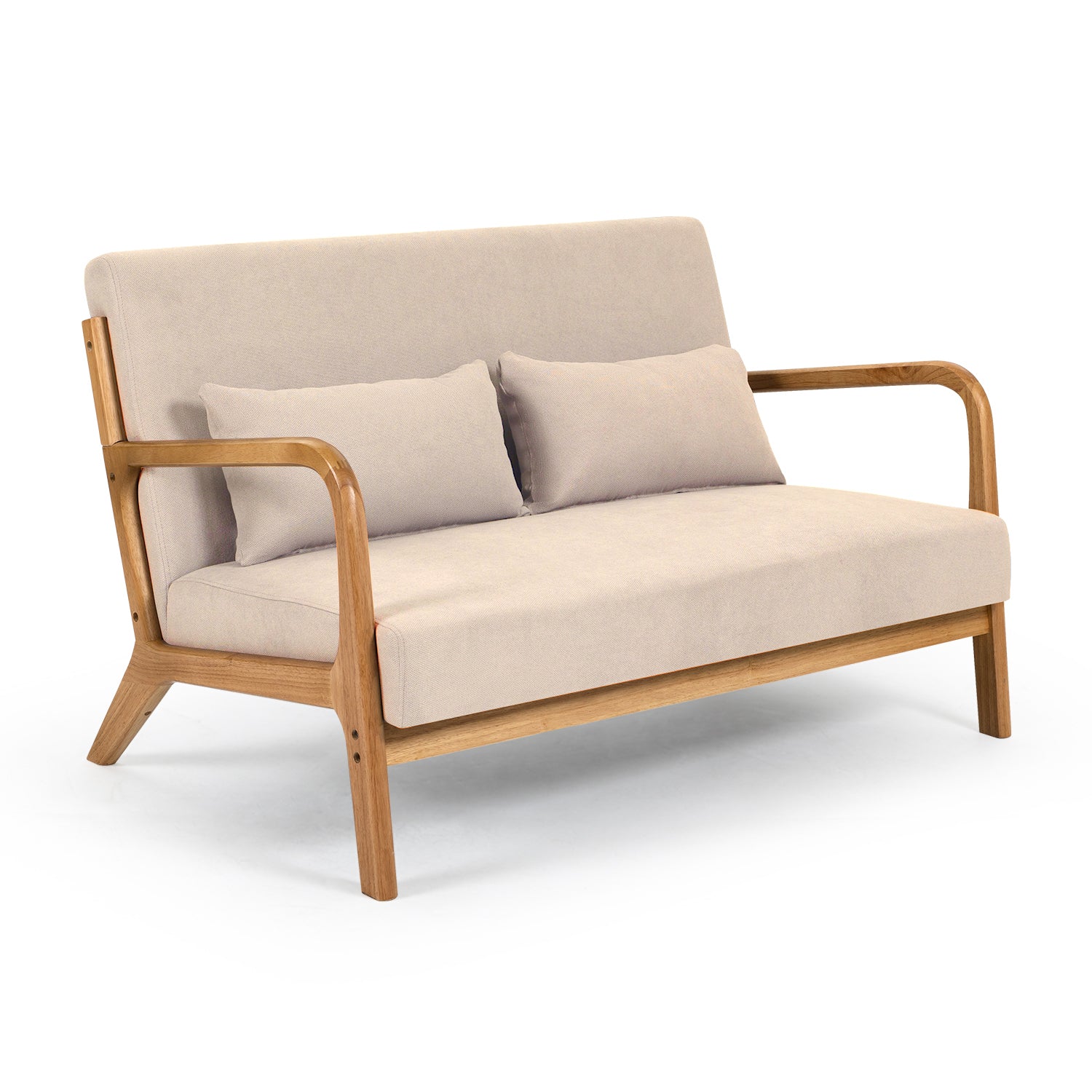 Leisure Chair With Solid Wood Armrest And Feet, Mid Century Modern Accent Sofa,2 Seat Beige Linen