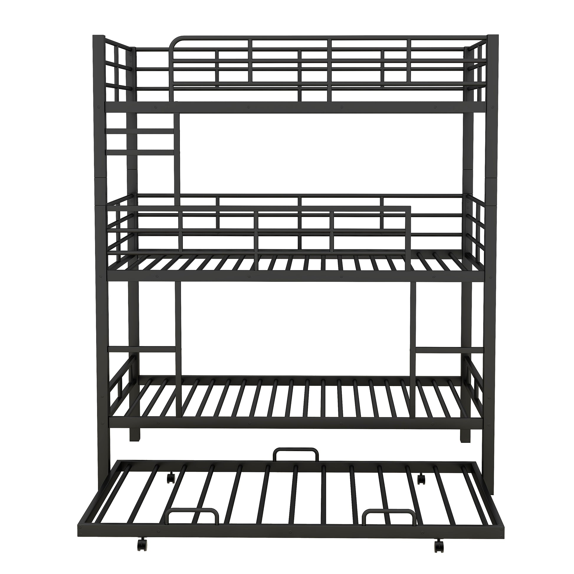 Metal Twin Size Triple Bunk Bed With Trundle, Black Antique Black Metal