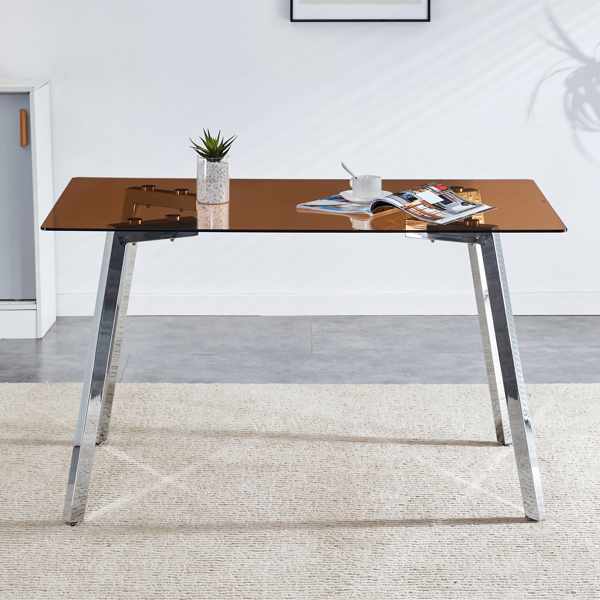 Modern Minimalist Style Rectangular Glass Dining Table, Brown Tempered Glass Tabletop And Silver Metal Legs, Suitable For Kitchen, Dining Room, And Living Room, 51 "* 31.5" * 29.5 "1123 Brown Glass