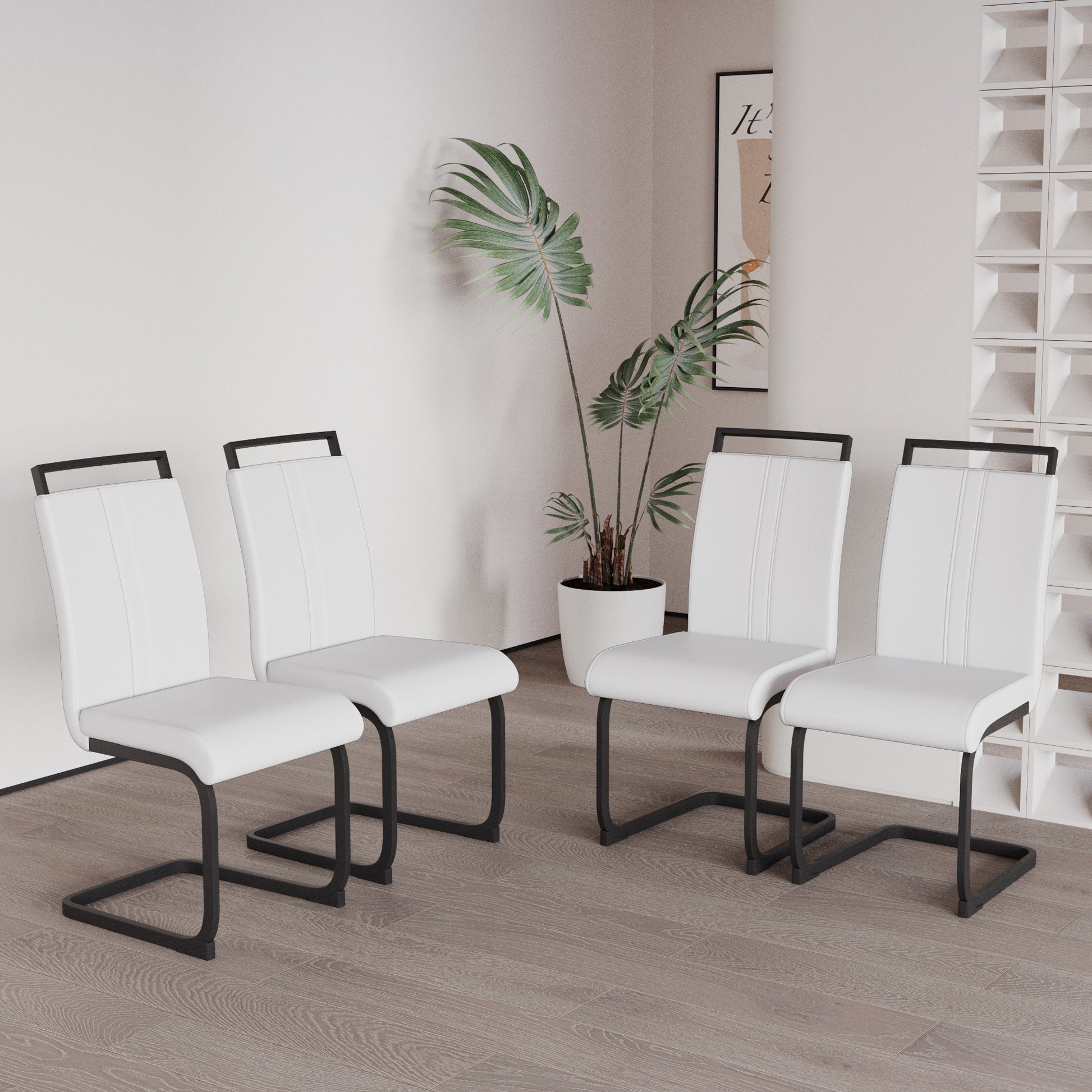 Modern Dining Chairs,Pu Faux Leather High Back Upholstered Side Chair With C Shaped Tube. Black Metal Legs For Dining Room Kitchen Vanity Patio Club Guest Office Chair Set Of 4 White Pu White Kitchen Dining Chairs Foam Pu