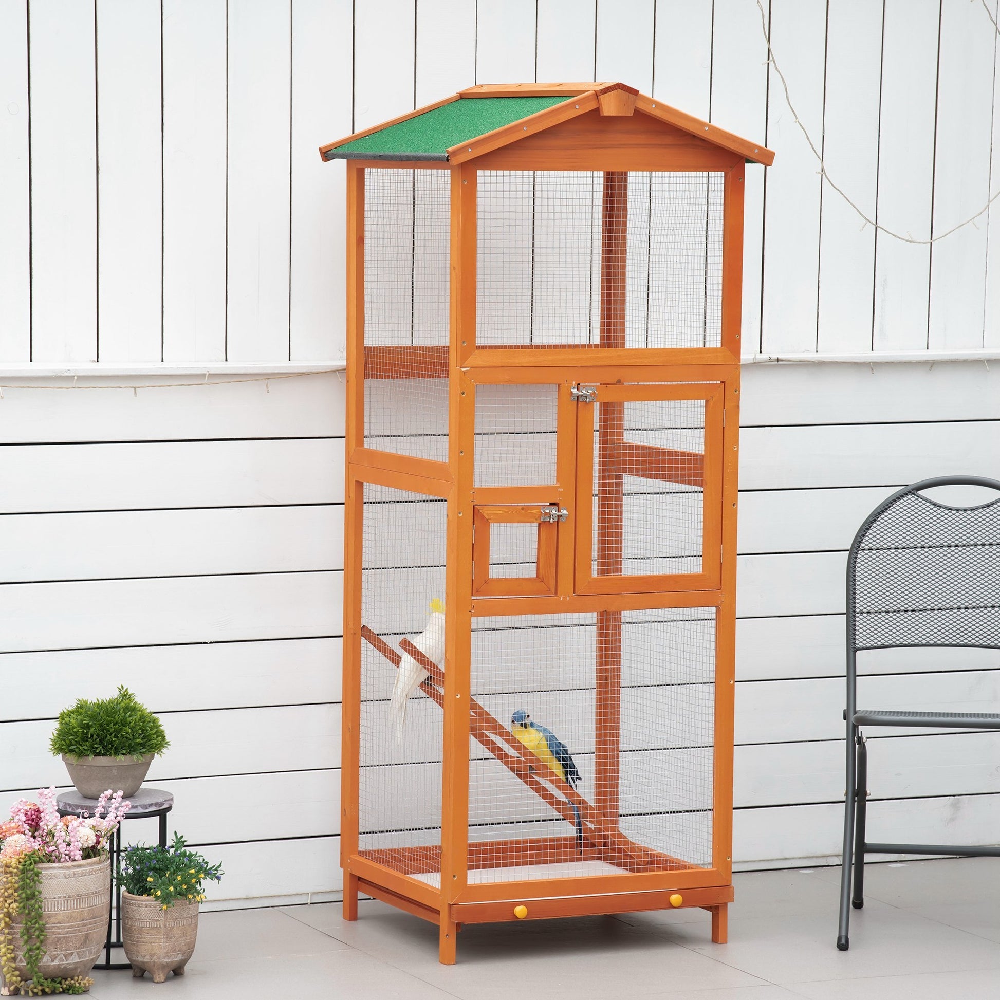 Pawhut 65" Wooden Bird Cage Outdoor Aviary House For Parrot, Parakeet, With Pull Out Tray And 2 Doors, Orange Orange Wood