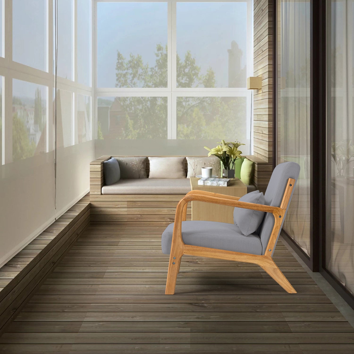 Leisure Chair With Solid Wood Armrest And Feet, Mid Century Modern Accent Sofa,1 Seat Light Gray Linen