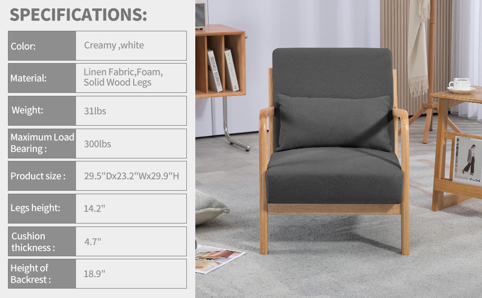 Leisure Chair With Solid Wood Armrest And Feet, Mid Century Modern Accent Sofa,1 Seat Dark Grey Linen