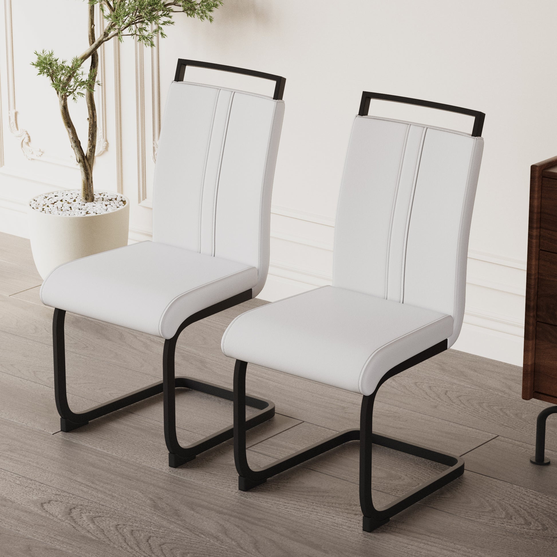 Modern Dining Chairs,Pu Faux Leather High Back Upholstered Side Chair With C Shaped Tube. Black Metal Legs For Dining Room Kitchen Vanity Patio Club Guest Office Chair Set Of 4 White Pu White Kitchen Dining Chairs Foam Pu