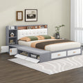 Queen Size Low Profile Platform Bed Frame With Upholstery Headboard And Storage Shelves And Drawers,Usb Charging Design,Gray Queen Gray Solid Wood Mdf