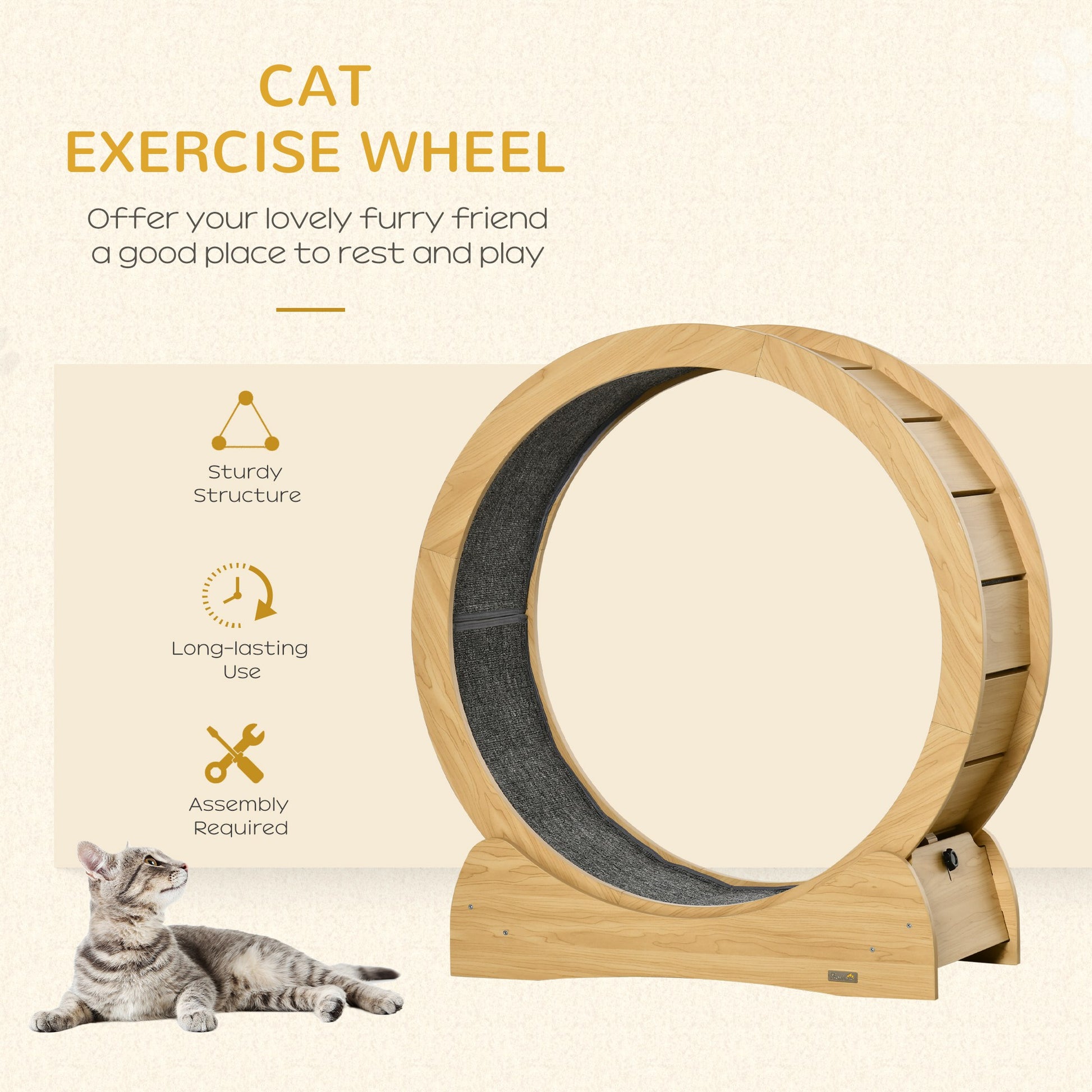 Pawhut Cat Exercise Wheel Treadmill With Natural Wood Grain, Cat Spinning Wheel Exerciser For Longer Lifespan, Cat Running Wheel With Brake Natural Particle Board