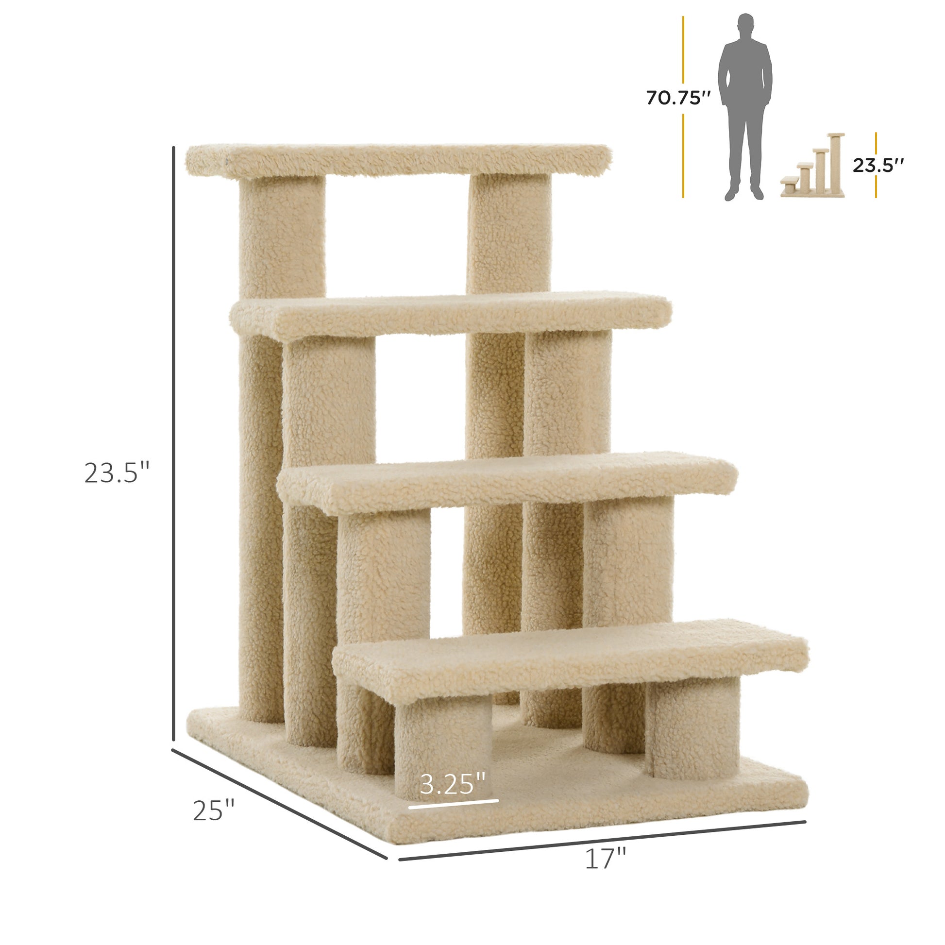 Pawhut 25" 4 Step Multi Level Carpeted Cat Scratching Post Pet Stairs, Beige Brown Particle Board