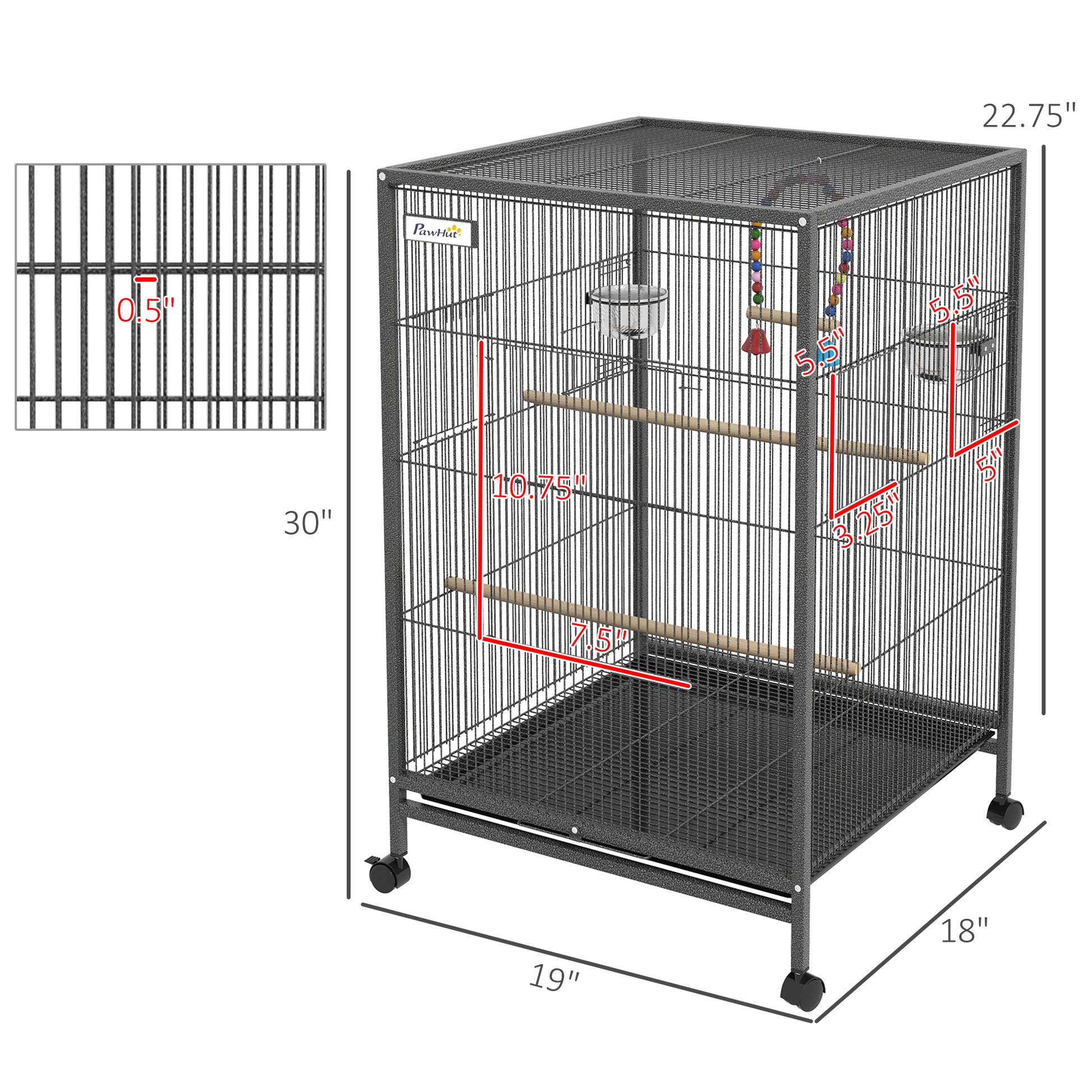 Pawhut Metal Bird Cage With Stand For Parrots, Lovebirds, Finches, Large Bird Cage With Swing, Stainless Steel Bowls, Removable Tray For Small Birds, Gray Gray Steel