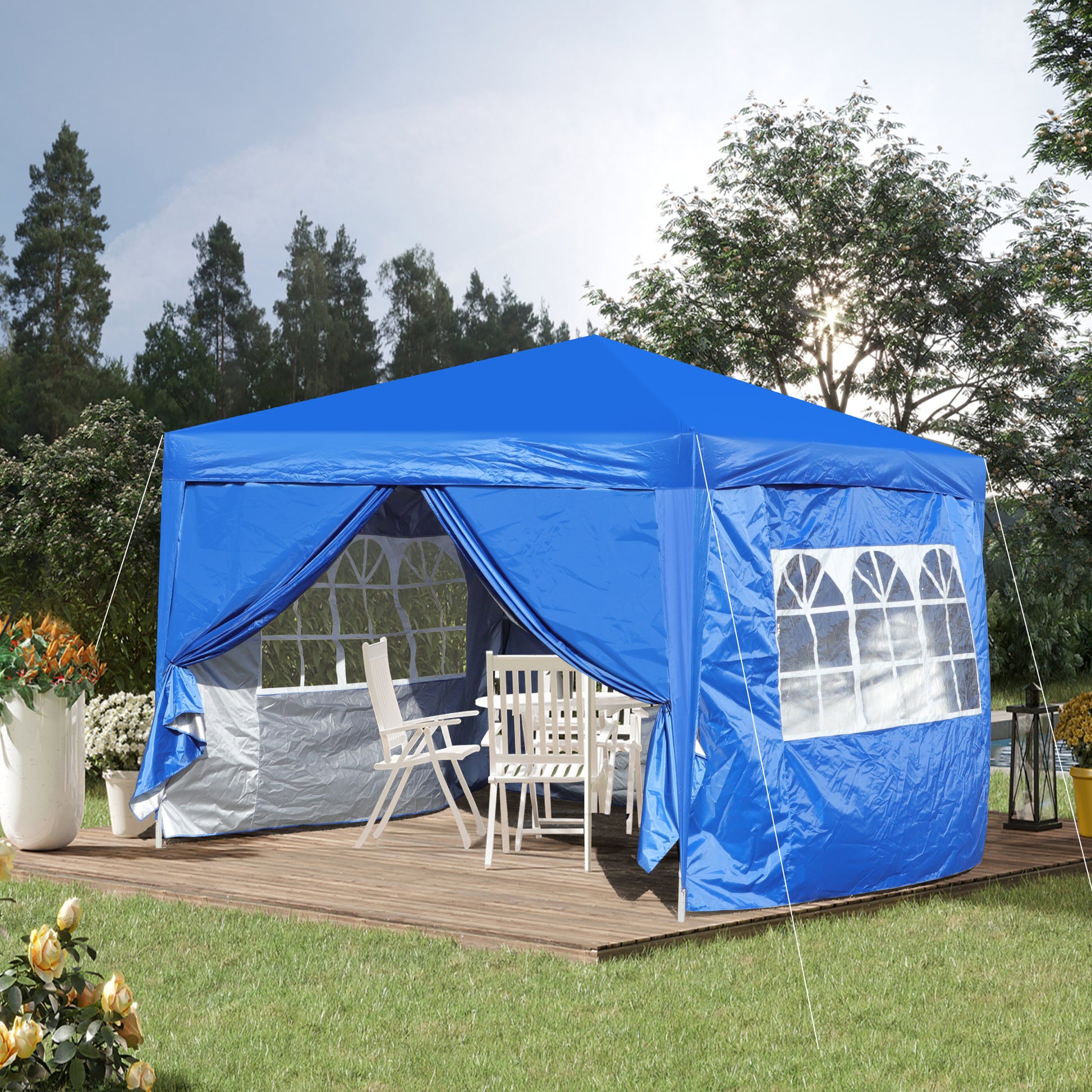 Outdoor 10X 10Ft Pop Up Gazebo Canopy Tent Removable Sidewall With Zipper,2Pcs Sidewall With Windows,With 4Pcs Weight Sand Bag,With Carry Bag Blue Blue Metal