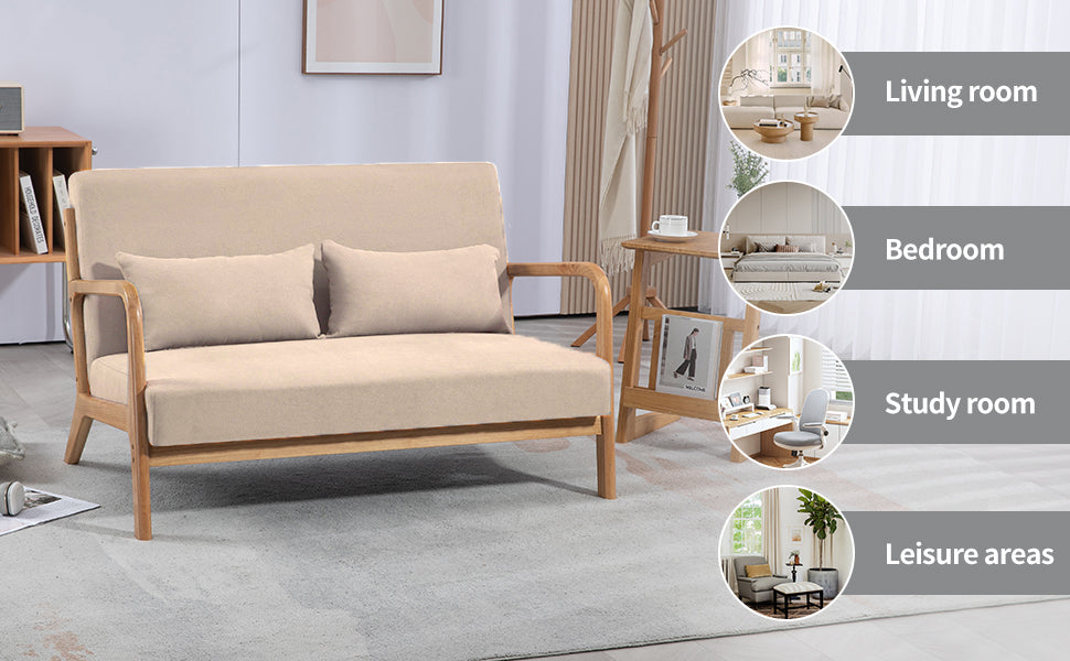 Leisure Chair With Solid Wood Armrest And Feet, Mid Century Modern Accent Sofa,2 Seat Beige Linen