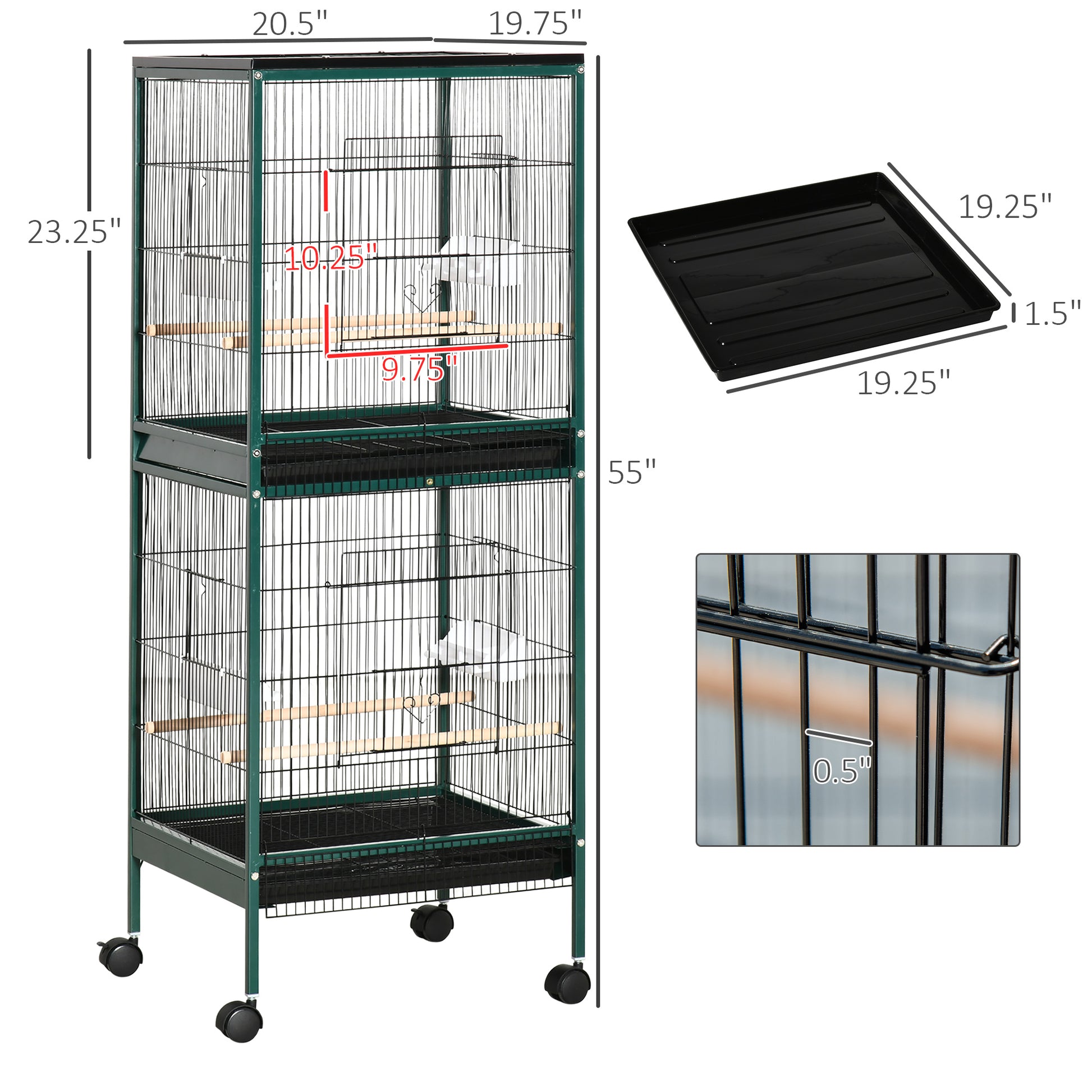 Pawhut 55 Inch Large Flight Bird Cage, Bird Aviary Indoor With Multi Door Design, Parrot Cage With Stand & Tray For Budgies, Canaries, Finches, Green Green Wood