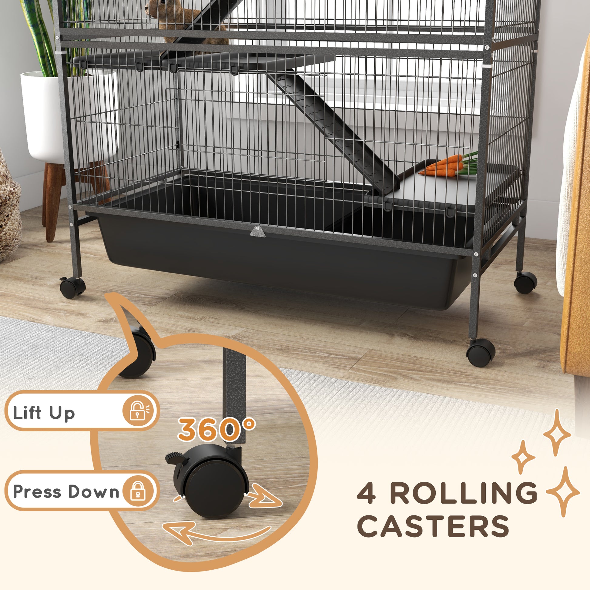 Pawhut 53.5" Small Animal Cage, 5 Level Metal Ferret Or Bunny Cage With Wheels, Chinchilla Cage With Removable Tray, 2 Front Doors, Ramps, Gray Gray Steel