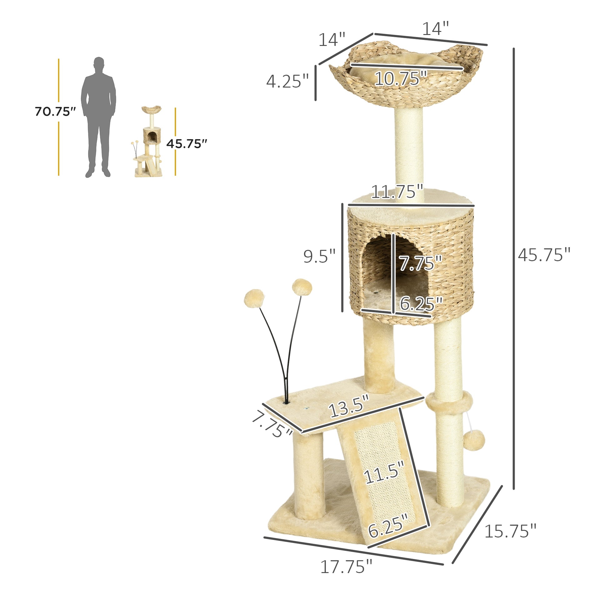 Pawhut 45" Cat Tree For Indoor Cats, Cat Tree Tower With Scratching Posts, Ramp, Condo, Toy Balls, Platforms, Bed, Ramp, Beige Beige Particle Board