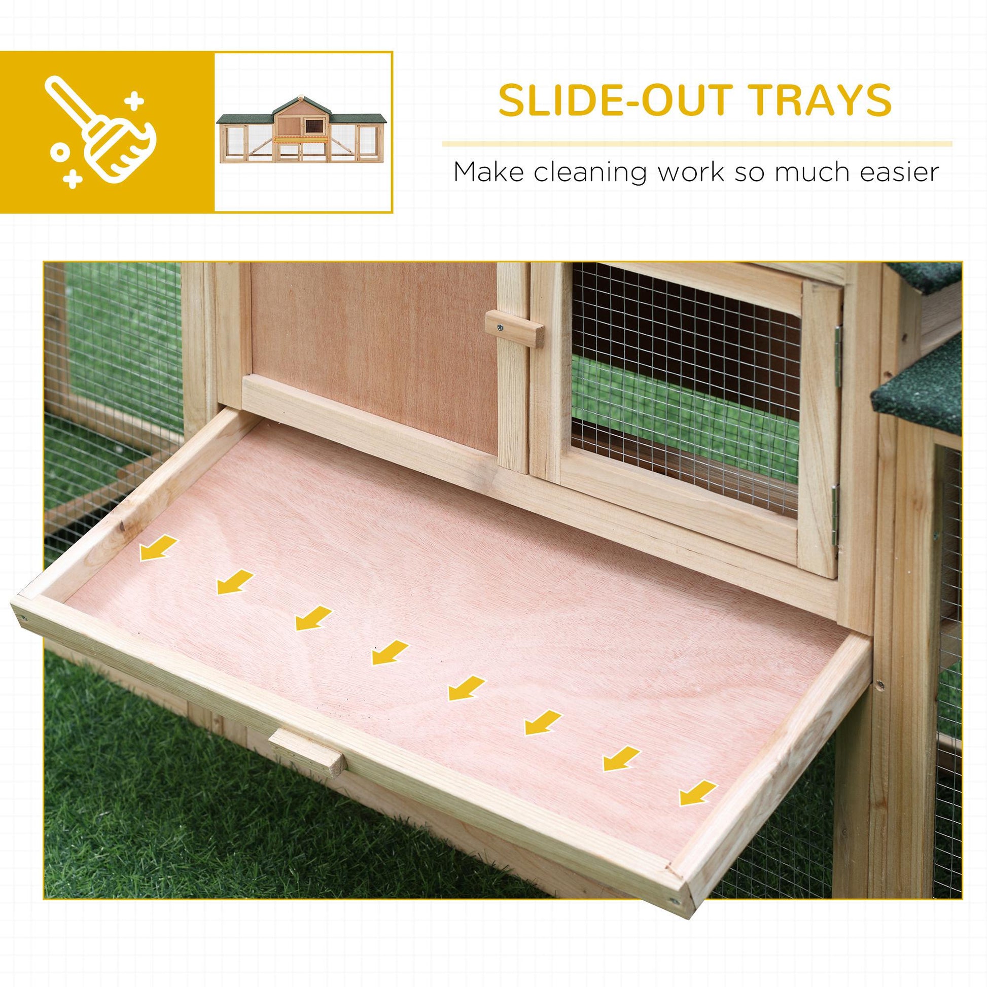 Pawhut 83"L Outdoor Rabbit Hutch, Guinea Pig Cage Indoor Outdoor Wooden Bunny Hutch With Double Runs, Weatherproof Roof, Removable Tray, Ramps, Natural Yellow Wood