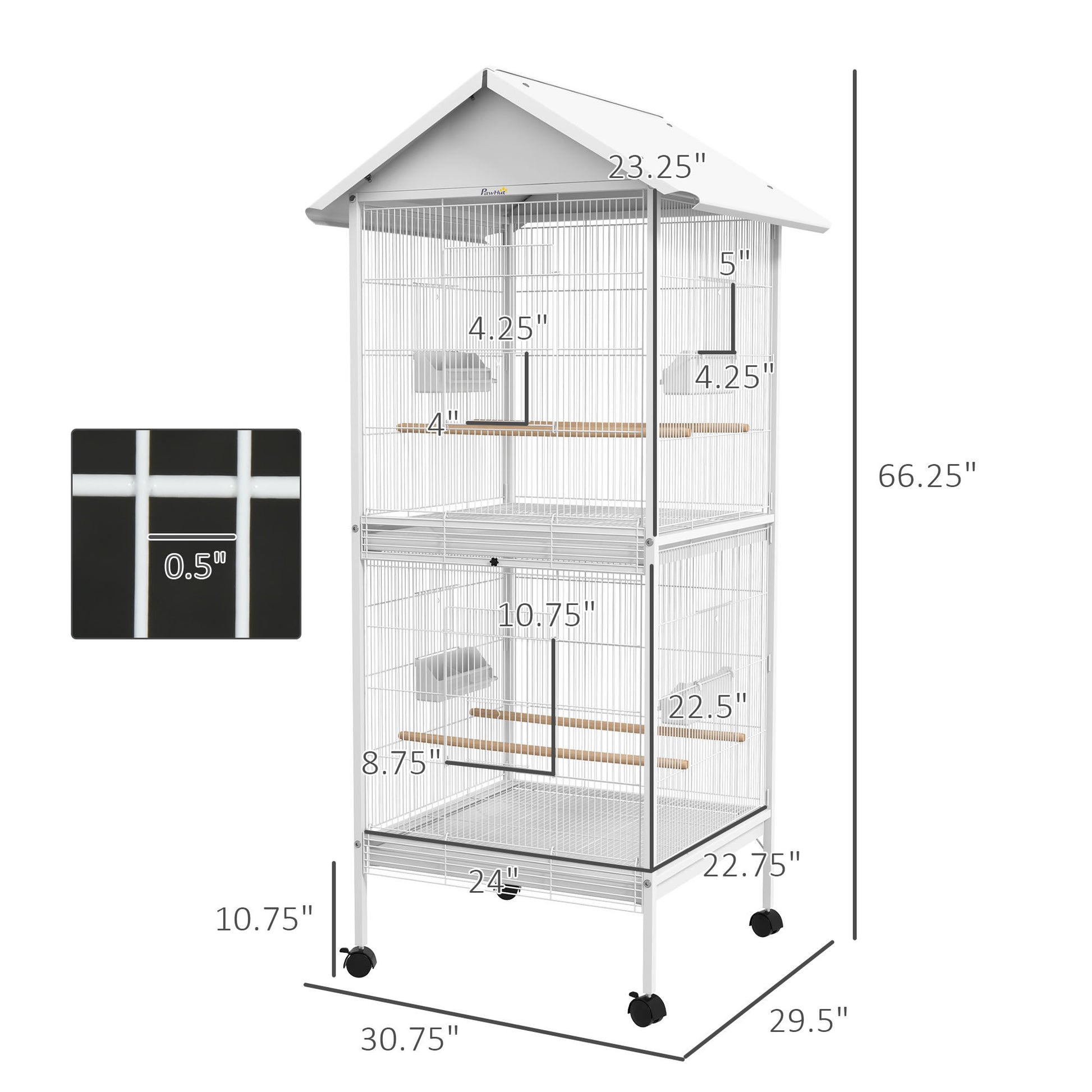 Pawhut Wrought Metal Bird Cage Feeder With Rolling Stand Perches Food Containers Doors Wheels 67" H, White White Wood