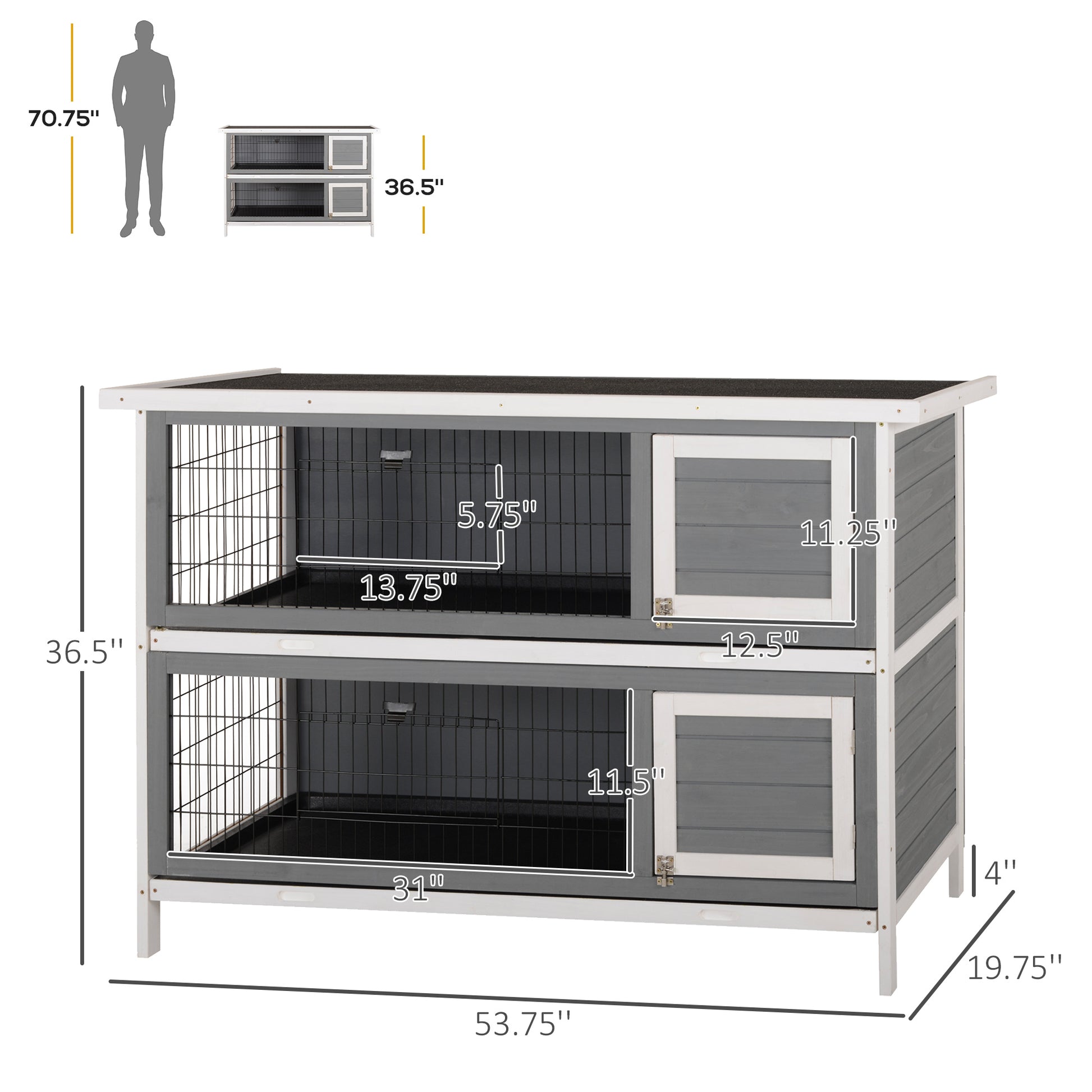 Pawhut 54" 2 Story Large Rabbit Hutch Bunny Cage Wooden Pet House Small Animal Habitat With Lockable Doors, No Leak Tray And Waterproof Roof For Outdoor Indoor Dark Grey Gray Wood