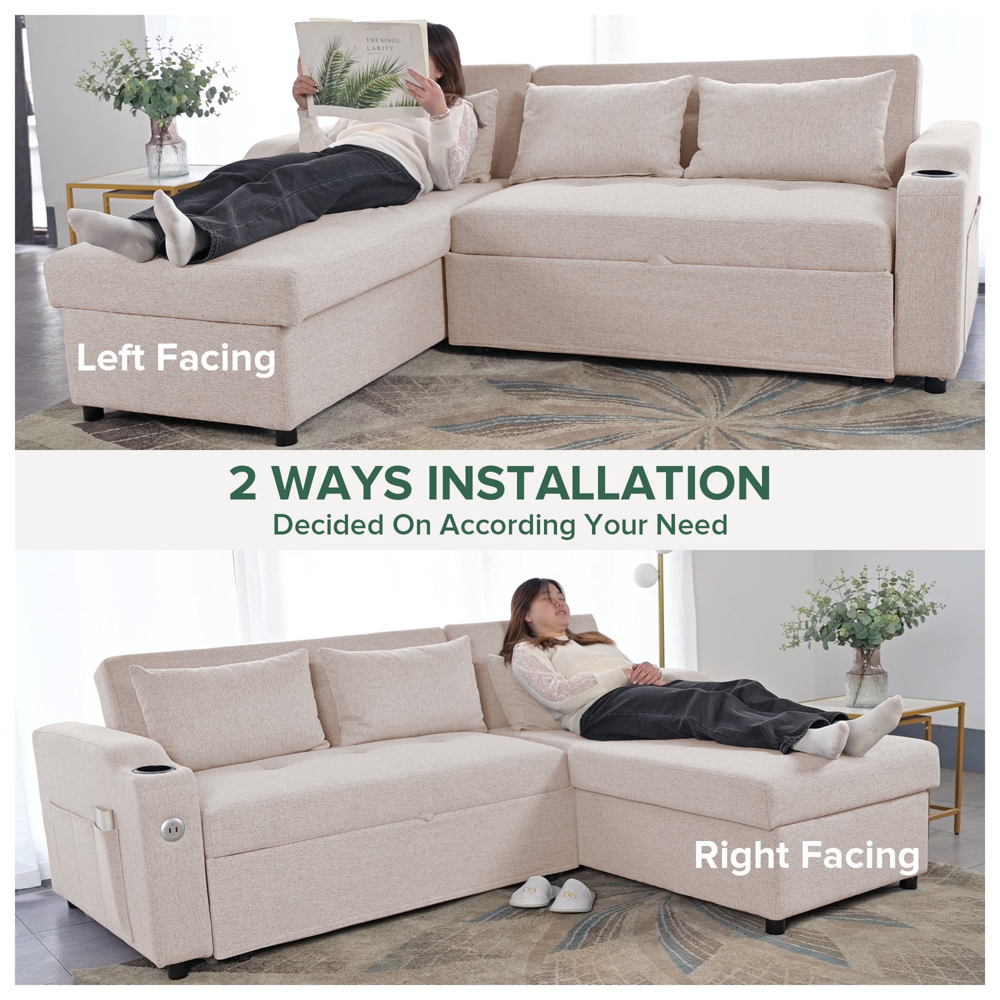 84"Adjustable Backrest Sofa Bed,3 In 1 Linen Sleeper With Usb Ports & Cup Holders, Pull Out Couch Bed With Storage Chaise,Convertible L Shaped Couch For Living Room Beige Linen Metal Primary Living