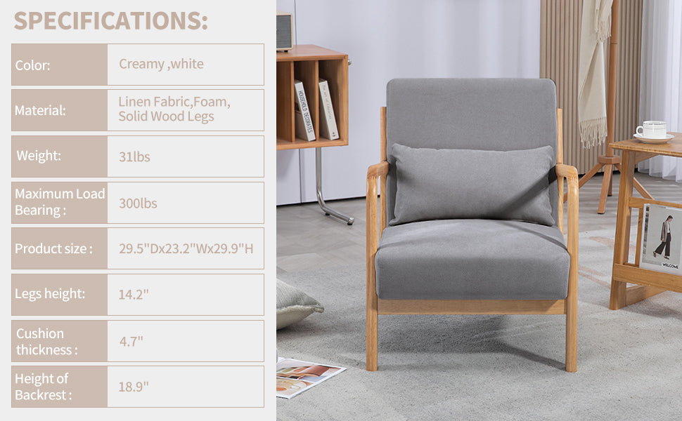 Leisure Chair With Solid Wood Armrest And Feet, Mid Century Modern Accent Sofa,1 Seat Light Gray Linen