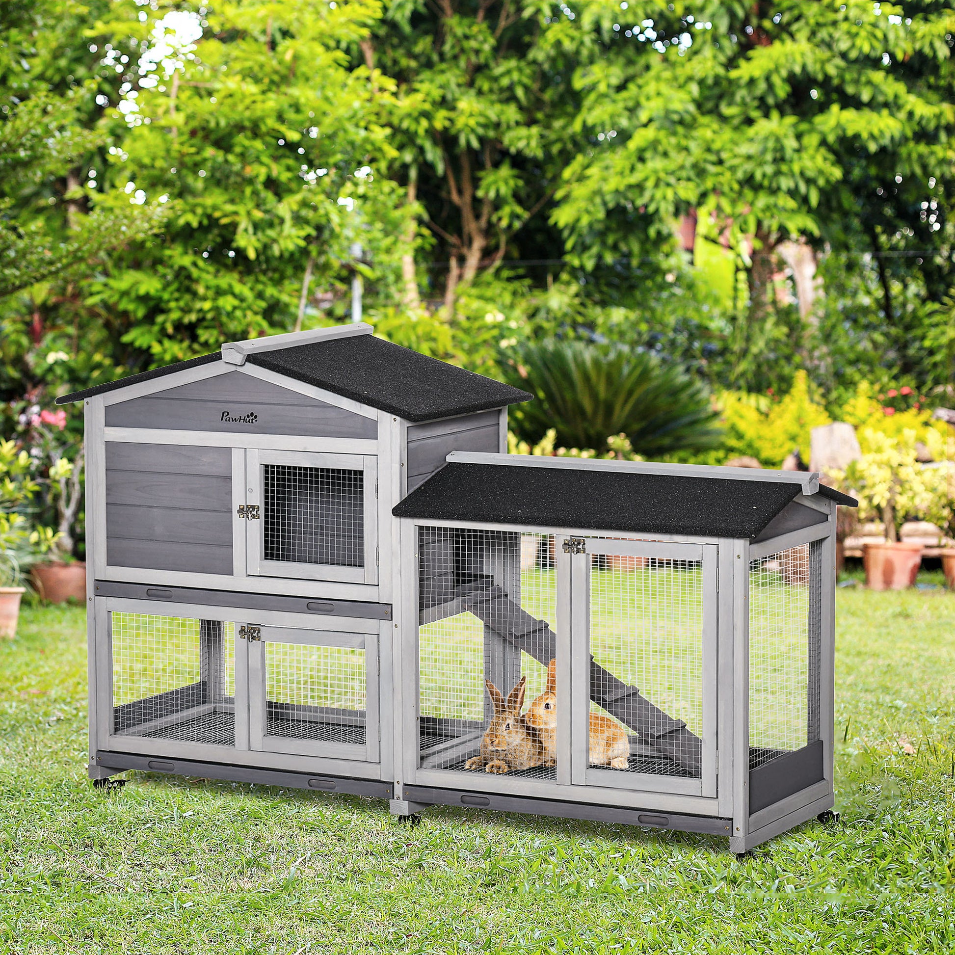 Pawhut 62" Wooden Rabbit Hutch, Bunny Cage, Pet Playpen House With Wheels, Run Box, No Leak Tray, And Ramp For Small Animals, Indoor Outdoor Use, Light Gray Gray Wood