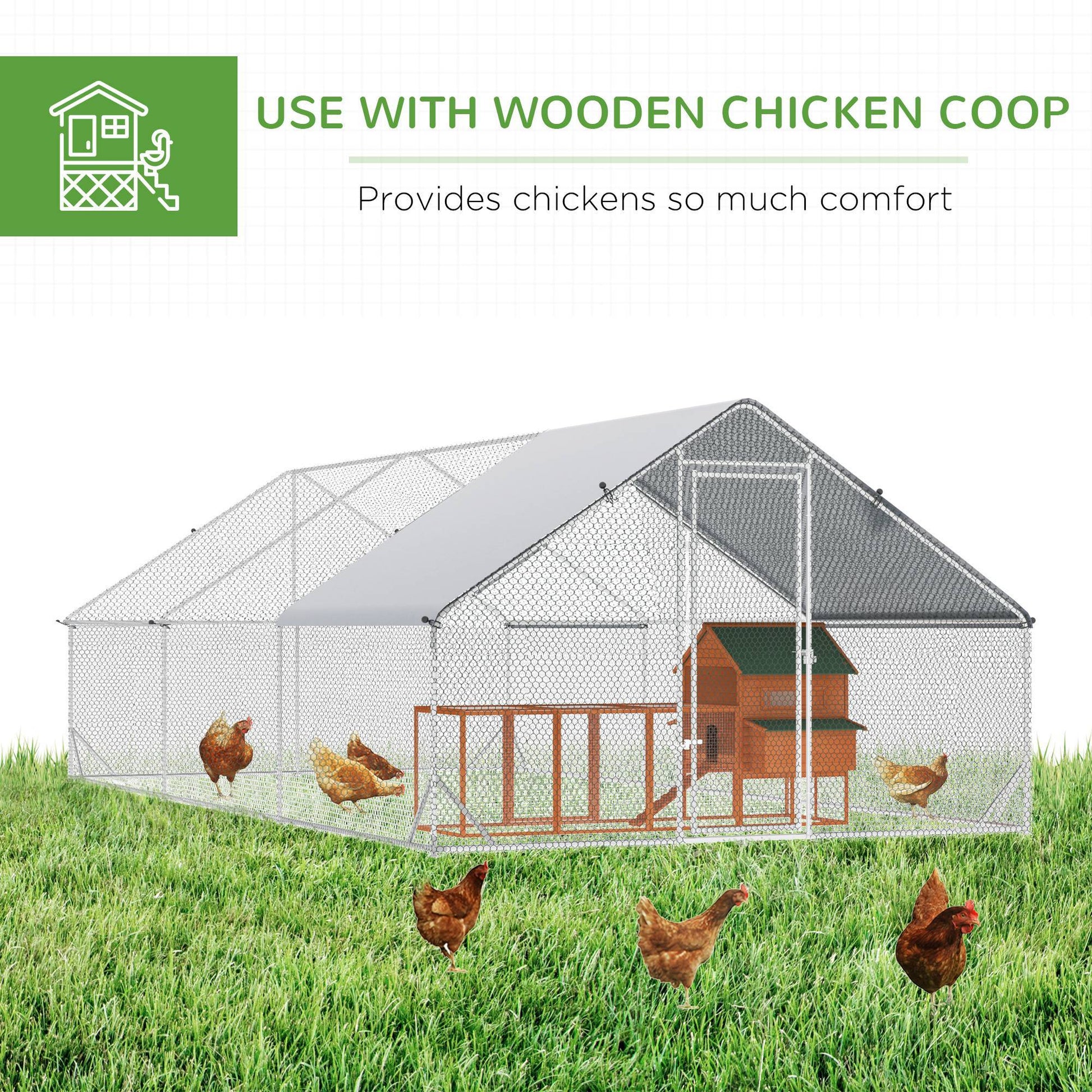 Pawhut Large Chicken Coop Metal Chicken Run With Waterproof And Anti Uv Cover, Spire Shaped Walk In Fence Cage Hen House For Outdoor And Yard Farm Use, 1" Tube Diameter, 9.8' X 19.7' X 6.6' Silver Steel