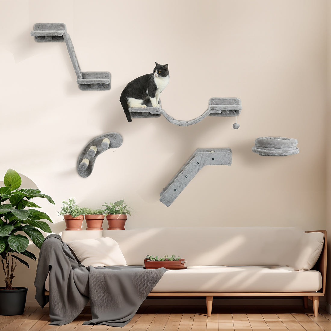 Pawhut 5Pcs Cat Wall Shelves, Cat Wall Furniture With Steps, Perches, Ladders, Platforms, Wall Mounted Cat Furniture With Soft Plush, Sisal, For Indoor Cats, Gray Gray Particle Board