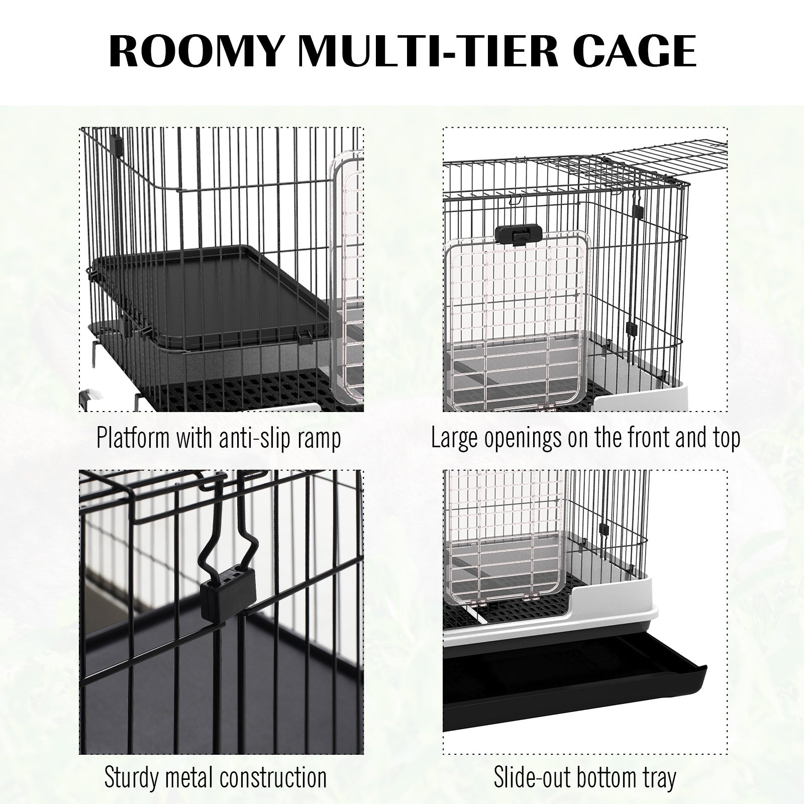 Pawhut 2 Level Small Animal Cage Rabbit Hutch With Wheels, Removable Tray, Platform And Ramp For Bunny, Chinchillas, Ferret, Black Black Steel