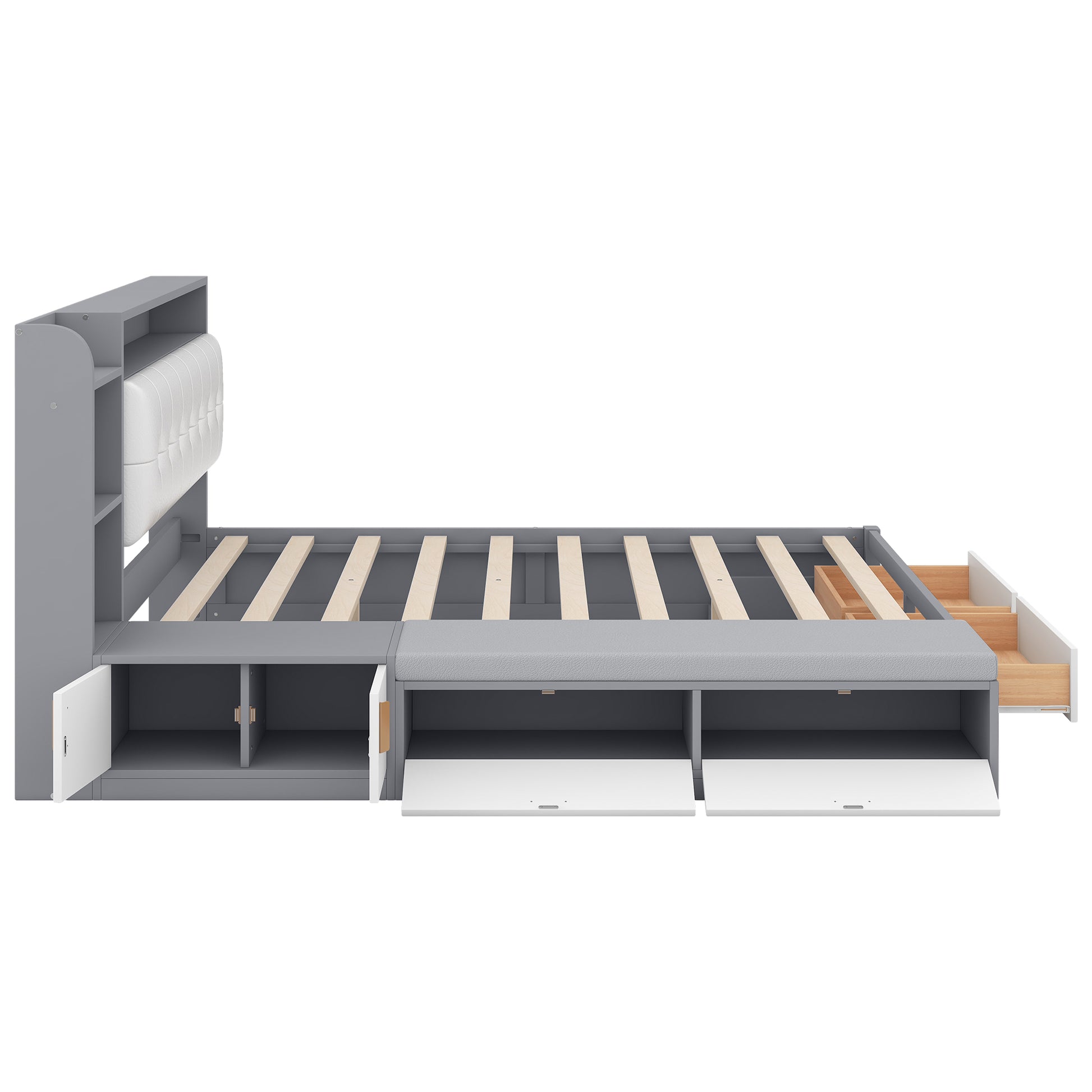 Queen Size Low Profile Platform Bed Frame With Upholstery Headboard And Storage Shelves And Drawers,Usb Charging Design,Gray Queen Gray Solid Wood Mdf