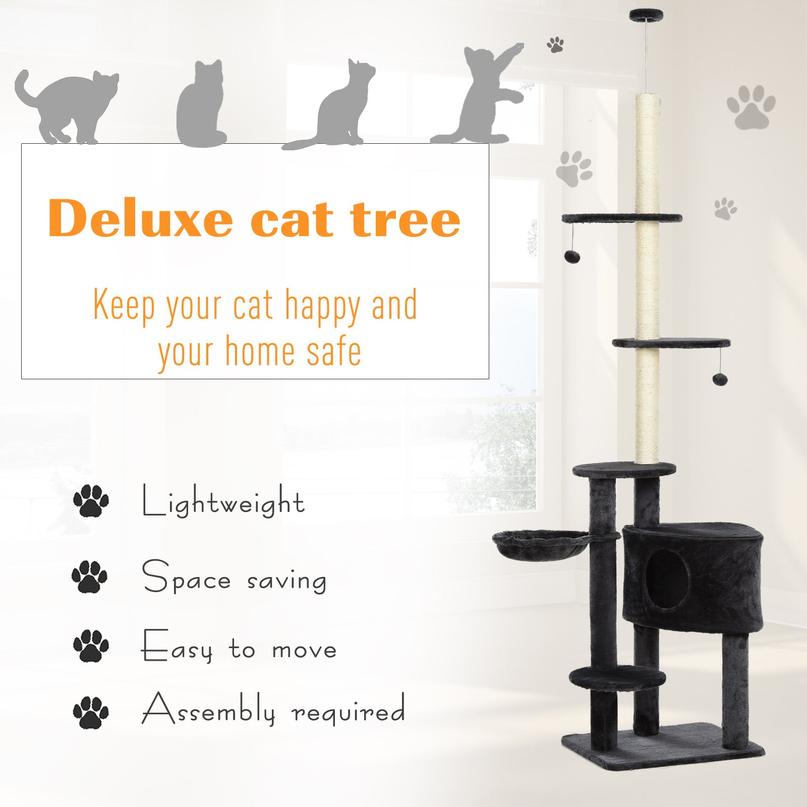 Pawhut Adjustable Height Floor To Ceiling Vertical Cat Tree With Carpet Platforms, Condo & Rope Scratching Areas, Dark Grey Gray Particle Board