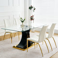 Modern Simple Table And Chair Set, One Table And Four Chairs. Transparent Tempered Glass Table Top, Solid Base. Gold Plated Metal Chair Legs Set Of 5 White Black Mdf Metal