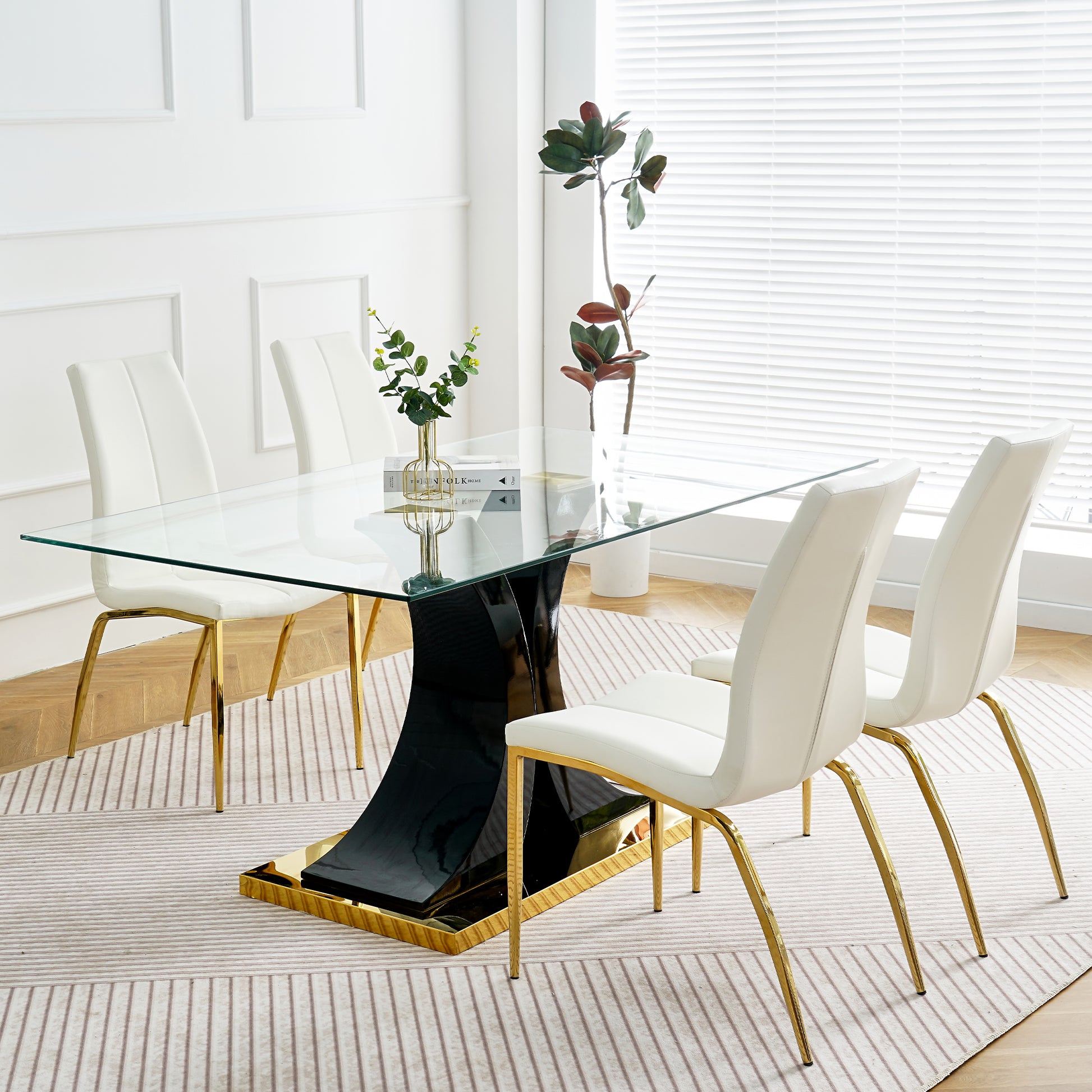 Modern Simple Table And Chair Set, One Table And Four Chairs. Transparent Tempered Glass Table Top, Solid Base. Gold Plated Metal Chair Legs Set Of 5 White Black Mdf Metal