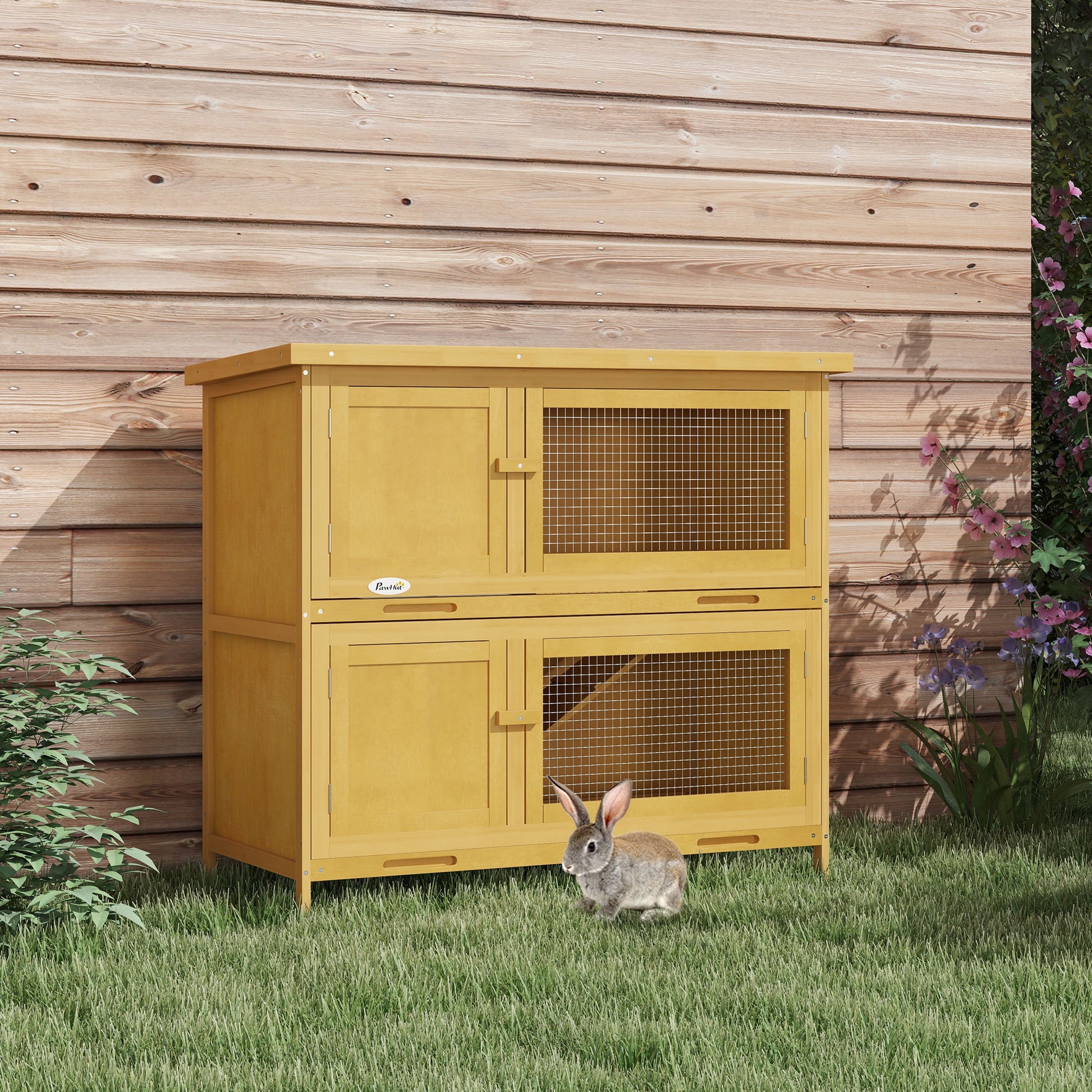 Pawhut Wooden Bunny Rabbit Hutch, Small Animal Habitat With Ramp, Removable Tray & Weatherproof Roof, Indoor Outdoor, Yellow Yellow Wood