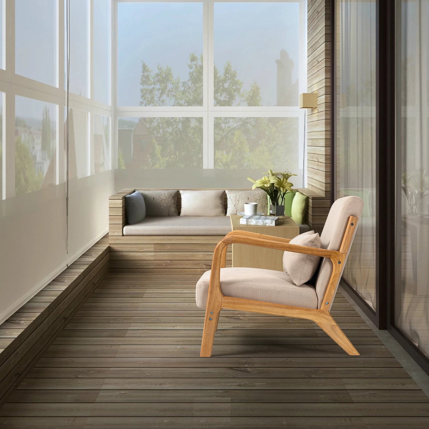 Leisure Chair With Solid Wood Armrest And Feet, Mid Century Modern Accent Sofa,1 Seat Beige Linen