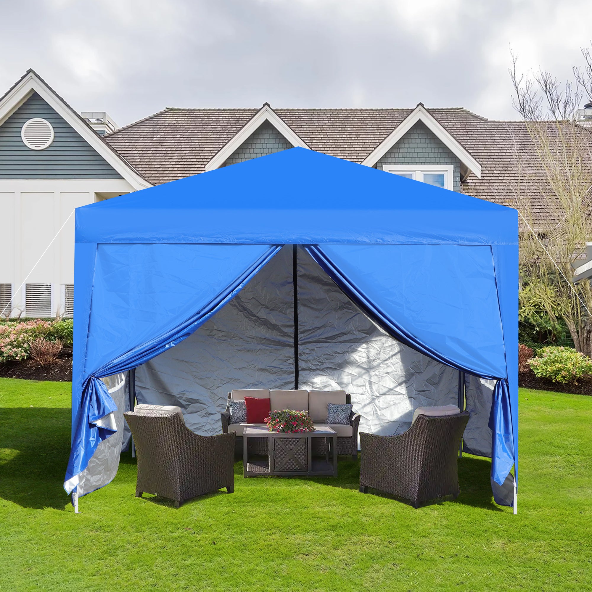 Outdoor 10X 10Ft Pop Up Gazebo Canopy Tent Removable Sidewall With Zipper,2Pcs Sidewall With Windows,With 4Pcs Weight Sand Bag,With Carry Bag Blue Blue Metal