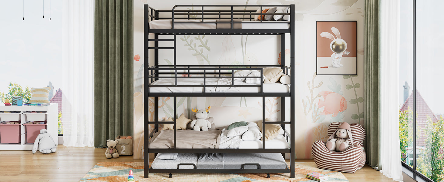 Metal Twin Size Triple Bunk Bed With Trundle, Black Antique Black Metal