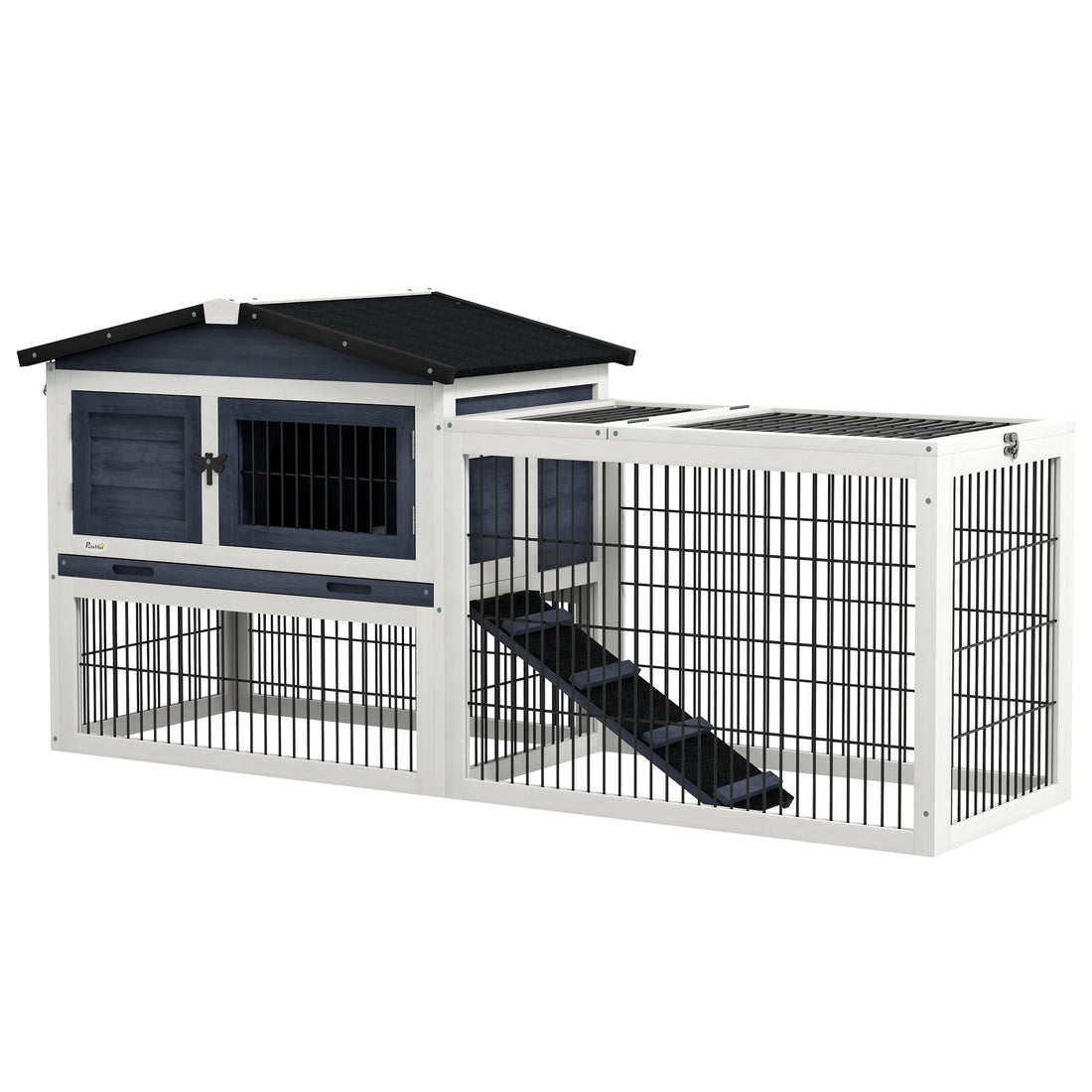 Pawhut 2 Levels Outdoor Rabbit Hutch With Openable Top, 59" Wooden Large Rabbit Cage With Run Weatherproof Roof, Removable Tray, Ramp, Dark Gray Gray Wood