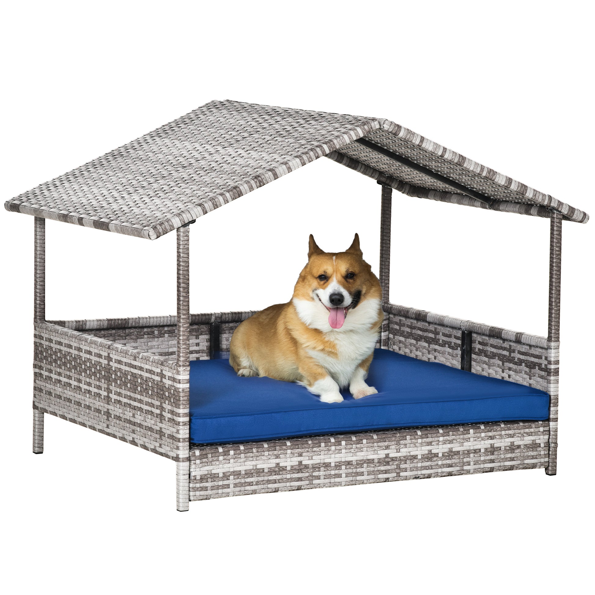 Pawhut Wicker Dog House Outdoor With Canopy, Rattan Dog Bed With Water Resistant Cushion, For Small And Medium Dogs, Dark Blue Blue Rattan