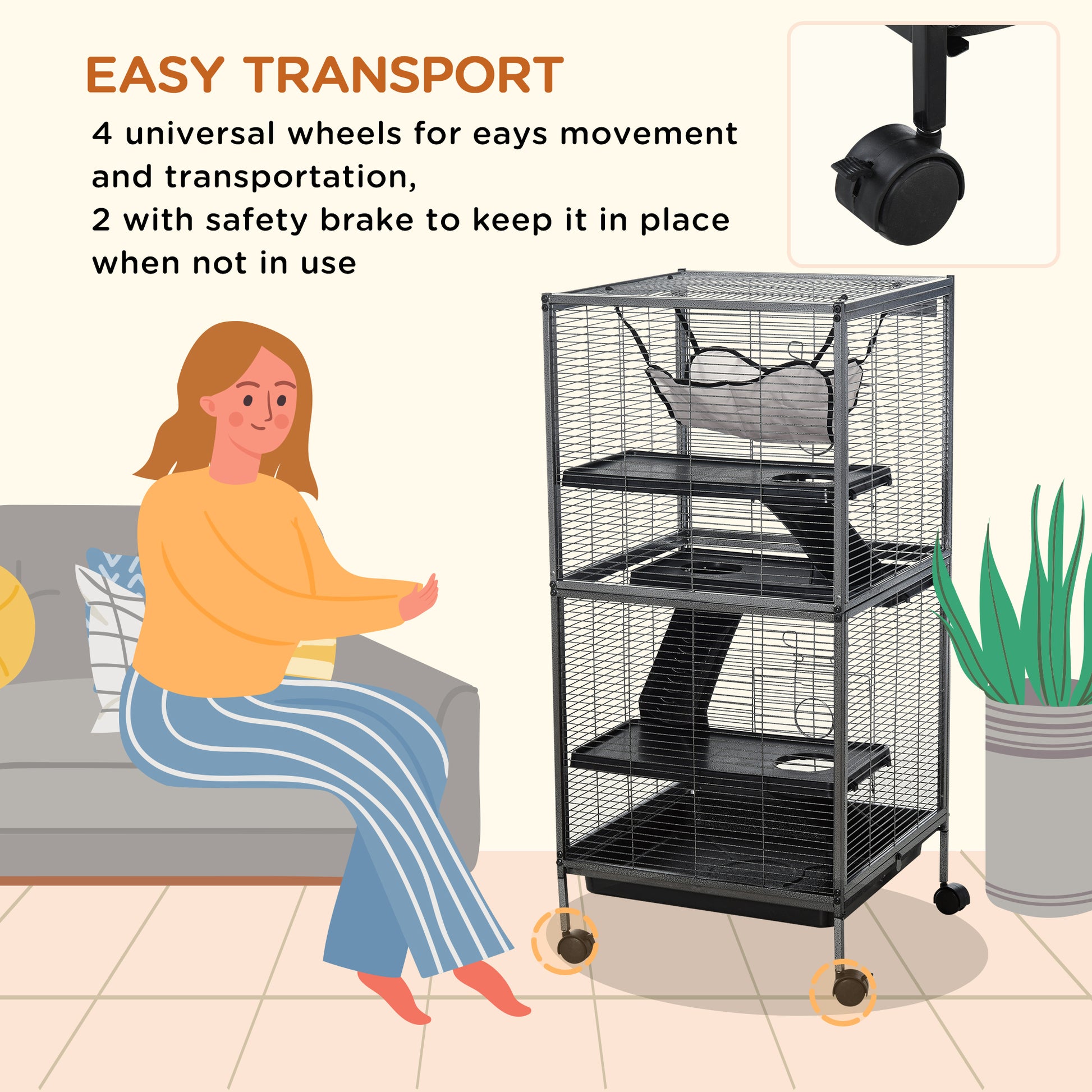 Pawhut Metal Small Animal Cage Rolling Big Ferret Cage, Chinchilla Cage, Sugar Glider Cage, With Hammock & 4 Tiers, Removable Tray, Gray Gray Steel