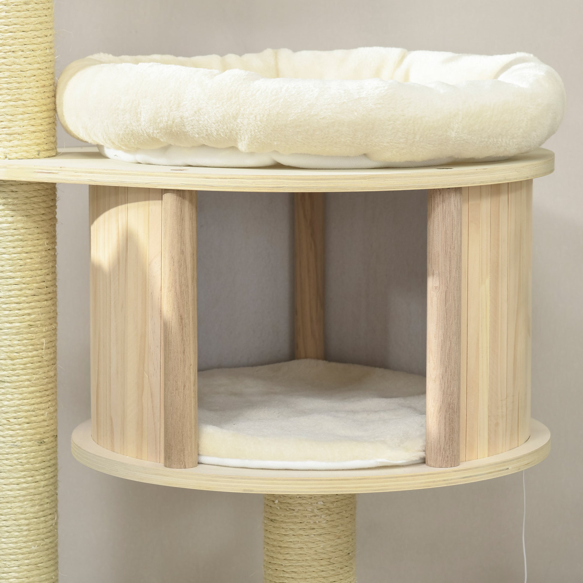 Pawhut 3 Level Cat Tree With Sisal Scratching Posts, Fun Cat Badminton Toy For Playing, Soft Cushions, & Play Areas Natural Particle Board