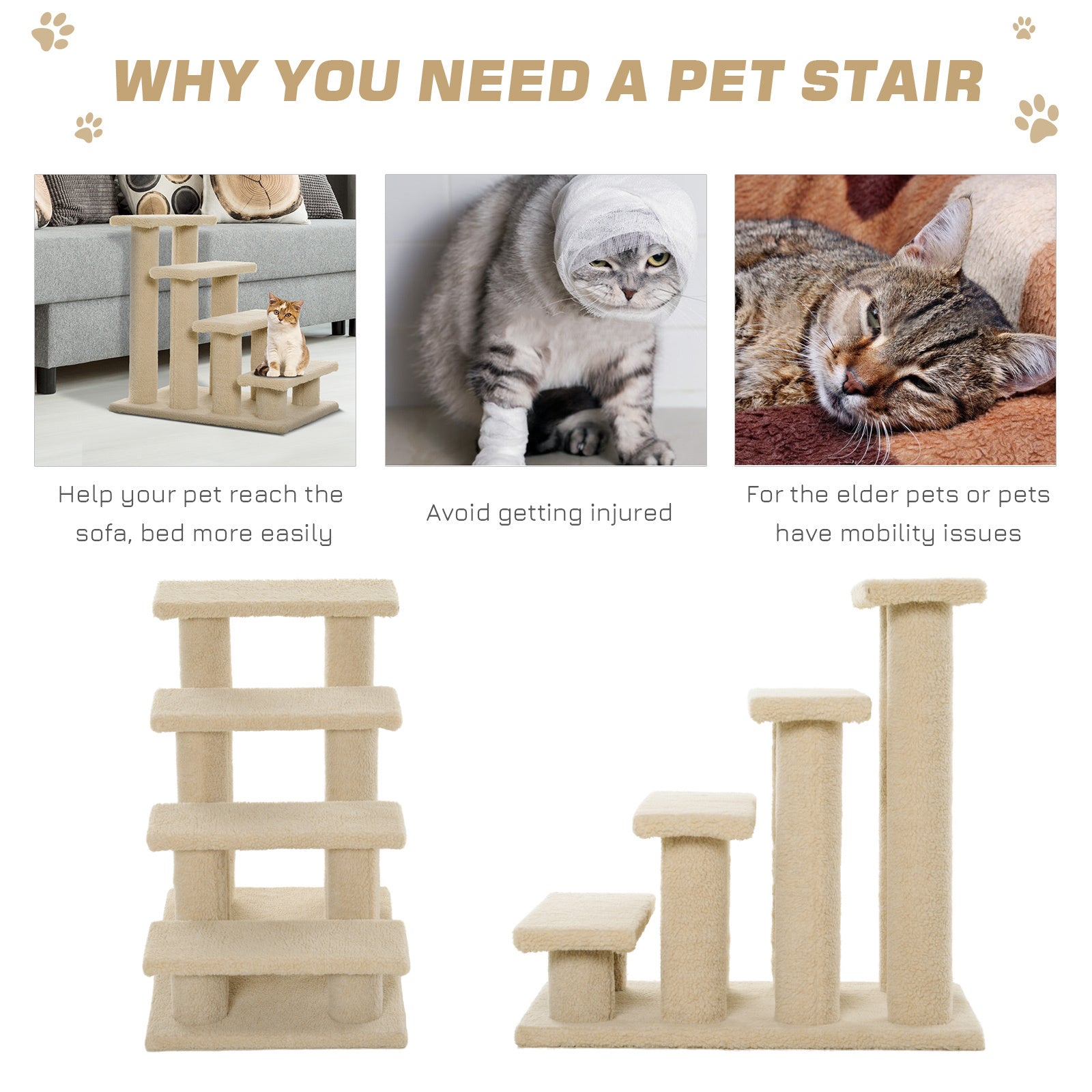 Pawhut 25" 4 Step Multi Level Carpeted Cat Scratching Post Pet Stairs, Beige Brown Particle Board