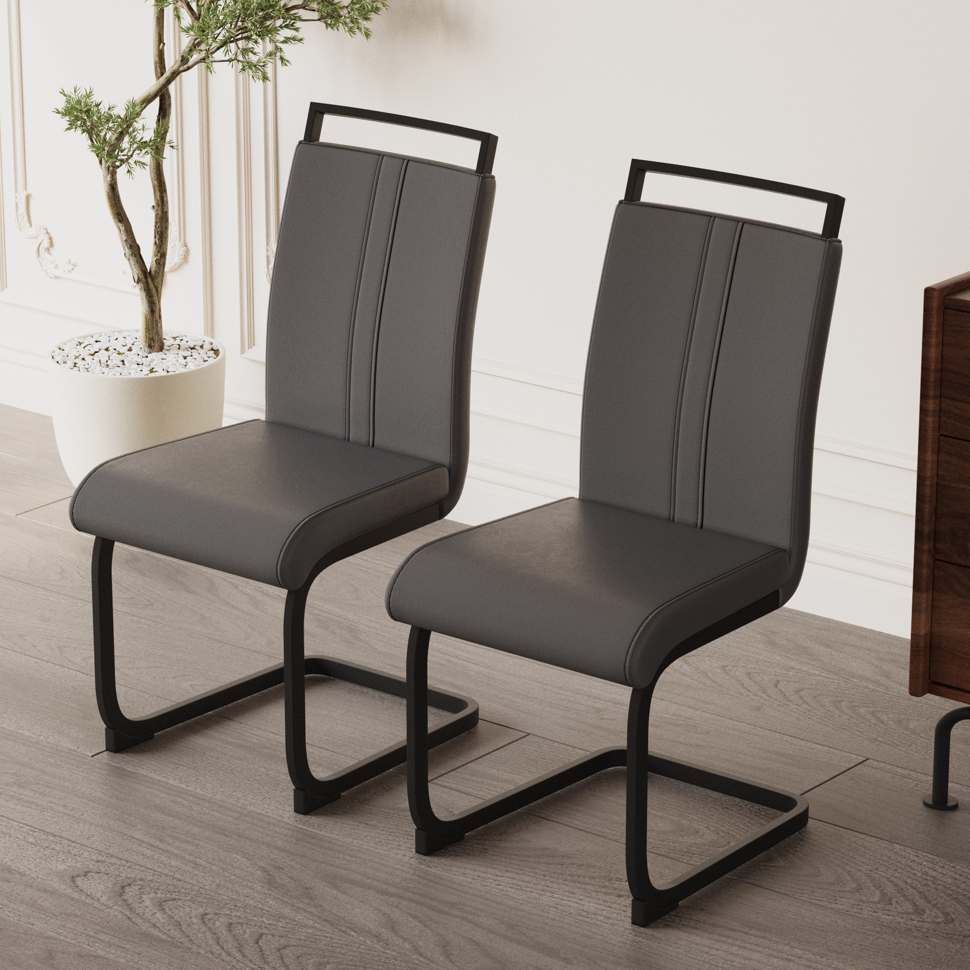 Modern Dining Chairs,Pu Faux Leather High Back Upholstered Side Chair With C Shaped Tube. Black Metal Legs For Dining Room Kitchen Vanity Patio Club Guest Office Chair Set Of 2 Grey Pu Grey Kitchen Dining Chairs Foam Pu